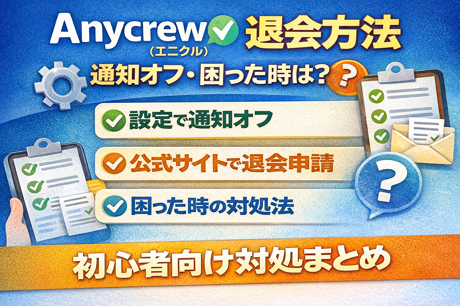Anycrew（エニクル）の退会方法と通知オフ、トラブル対処をまとめたサムネイル。設定アイコンとチェックリストのイメージ。