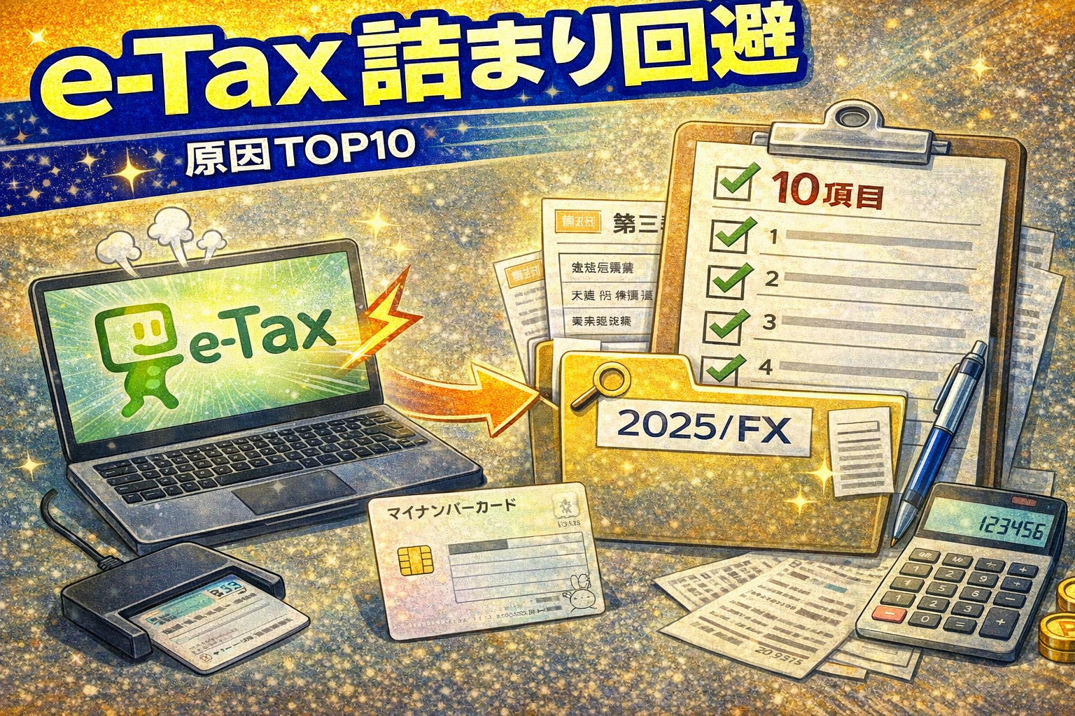 e-Taxで詰まりやすい原因をチェックリストで整理し、マイナンバーカードと添付書類の対策をしているイメージ（2026）