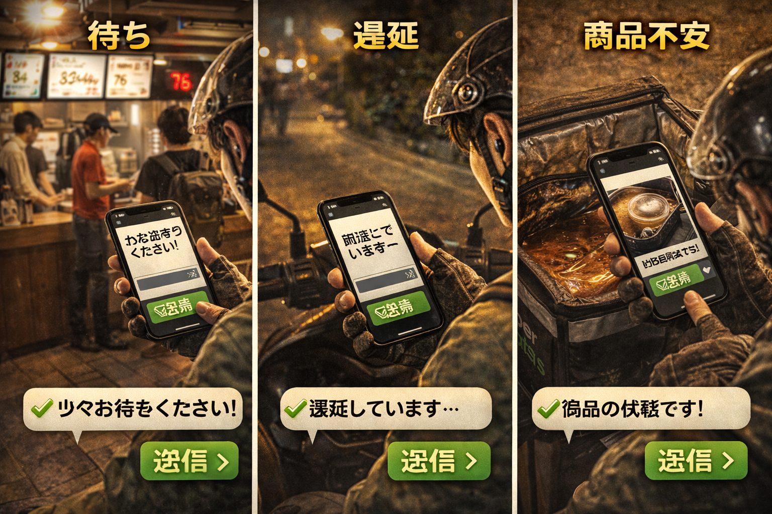 待ち・遅延・商品不安が起きた瞬間に、短い定型文で状況共有しクレームを未然に防ぎつつ、配達を止めずに完了させる配達員のイメージ