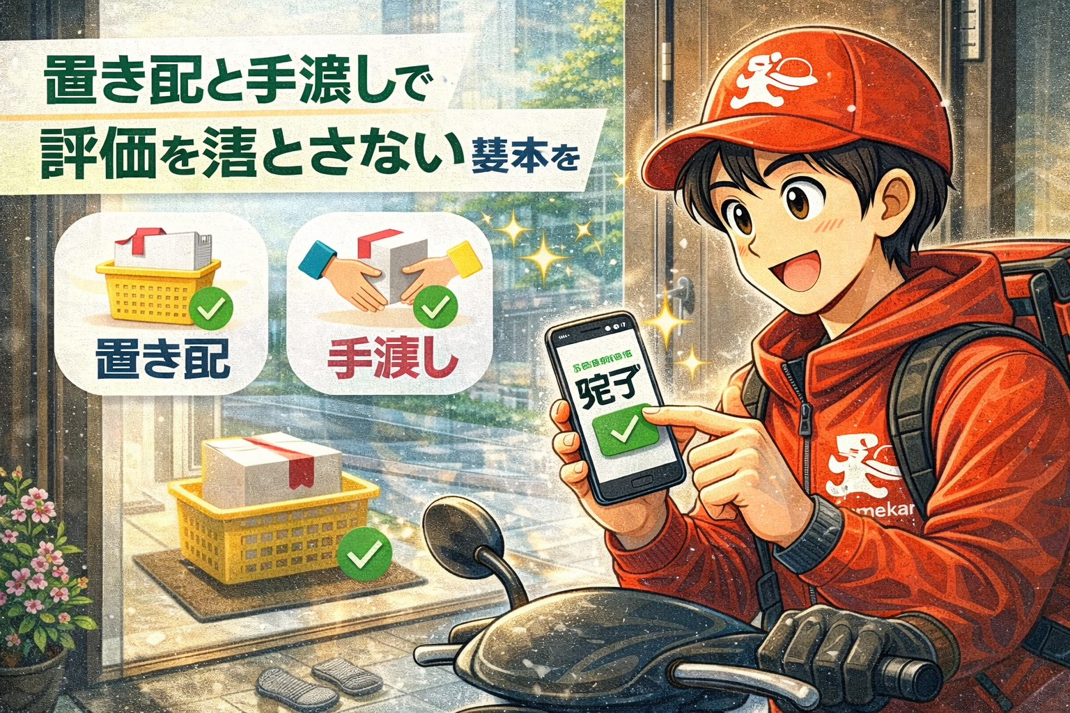 置き配と手渡しで評価を落とさない基本を解説する、玄関前で配達完了を確認する配達員のイメージ