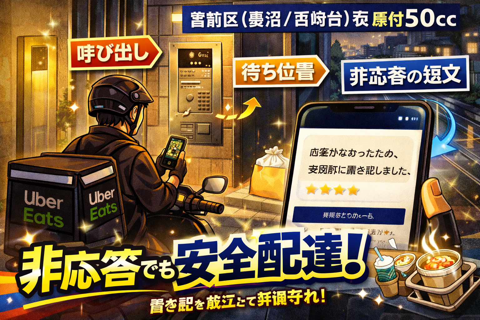 宮前区（鷺沼/宮崎台）の夜、オートロック前で原付50ccの配達員が「呼び出し→待ち位置→非応答の短文」までを最短で回し、置き配を成立させて評価を守るイメージ