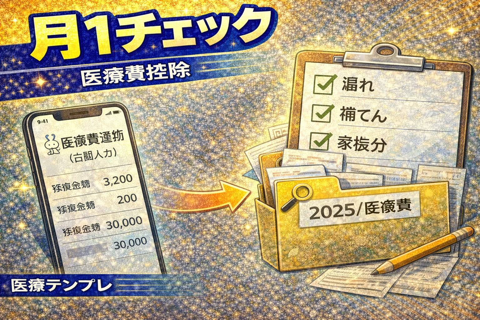 医療費通知の自動入力データに漏れや補てん、家族分を月1でチェックし保存するイメージ（2026）