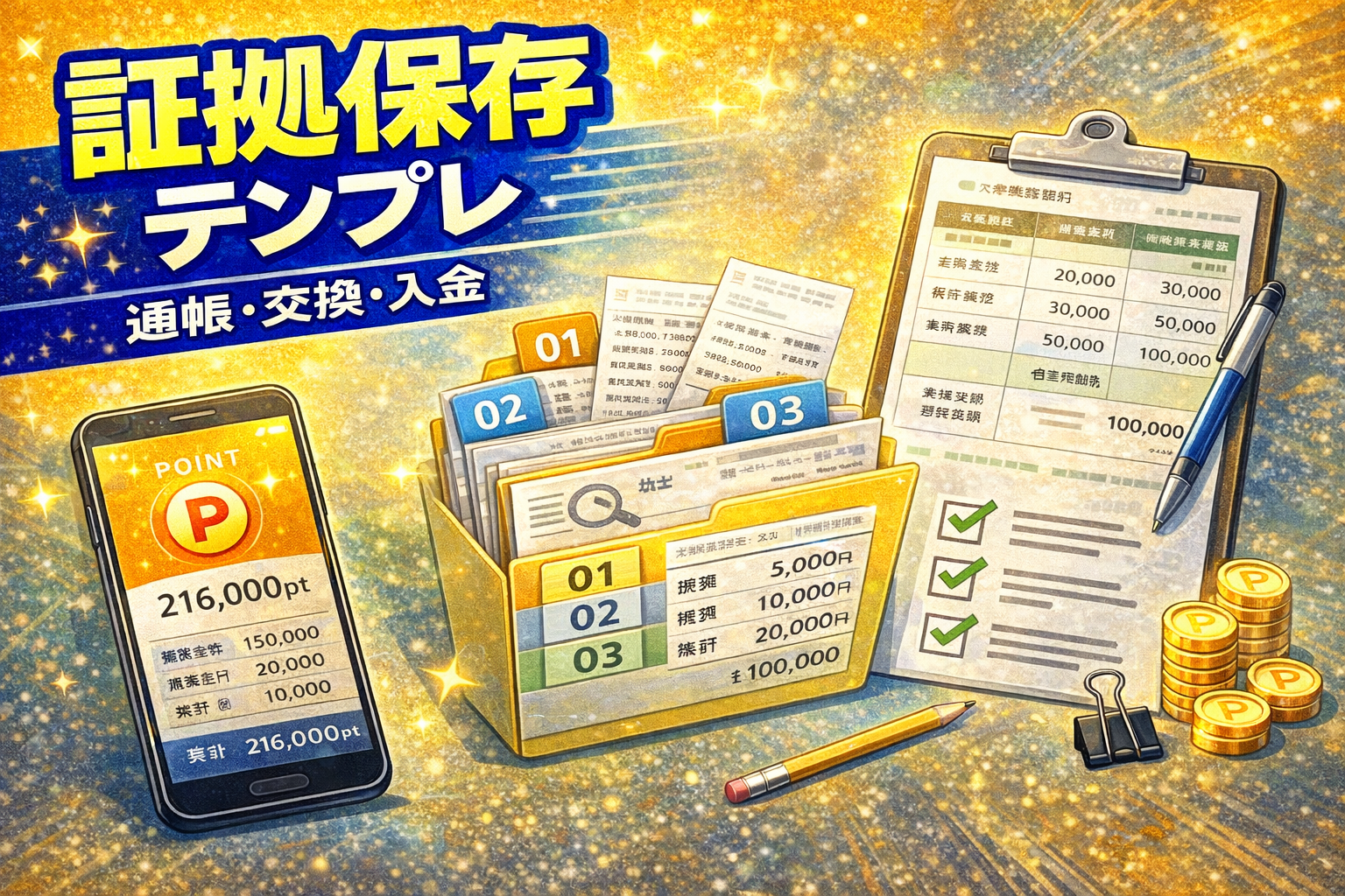 ポイ活のポイント通帳・交換履歴・銀行入金明細をフォルダに整理して証拠保存しているイメージ（2026）