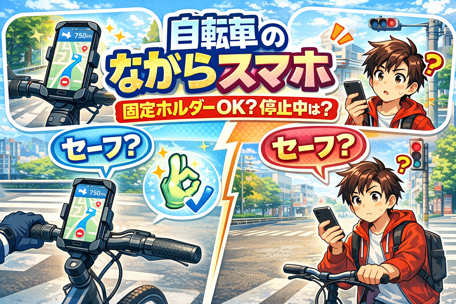 自転車のながらスマホの境界線を解説するイメージ（スマホ固定と停止中の判断）