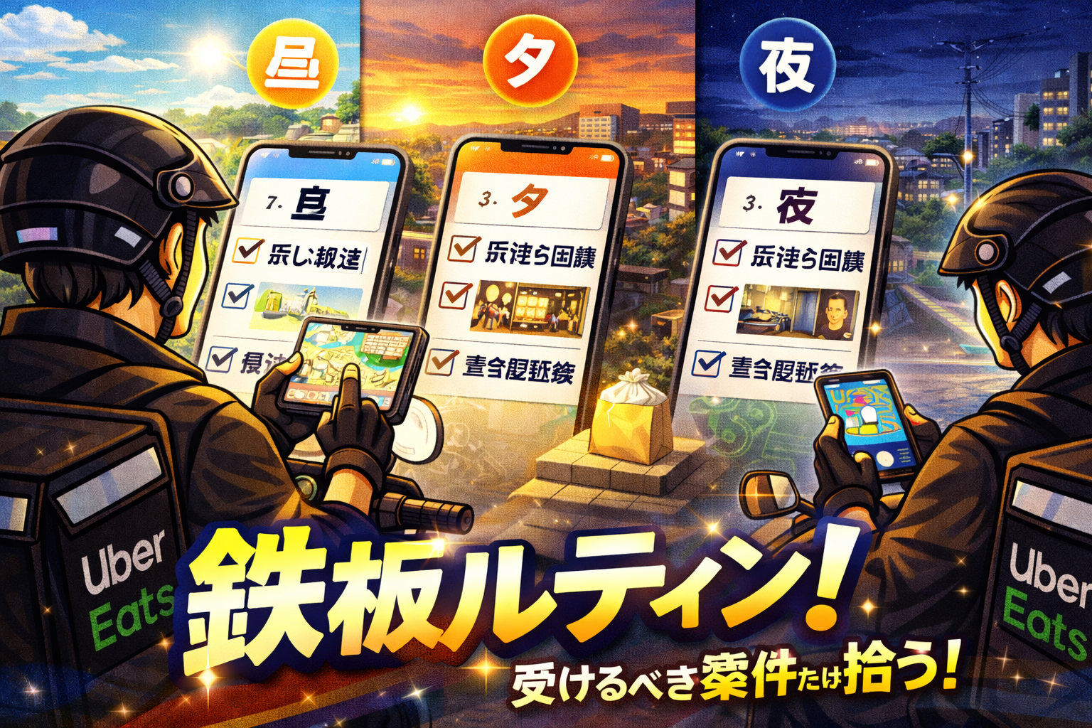 横浜市青葉区（市が尾/あざみ野/青葉台）起点で、原付50ccの配達員が「昼→夕→夜」のチェックリストをスマホで確認し、戻し拠点・店待ち回避・置き配証拠を切り替えながらTPHと評価を守っているイメージ