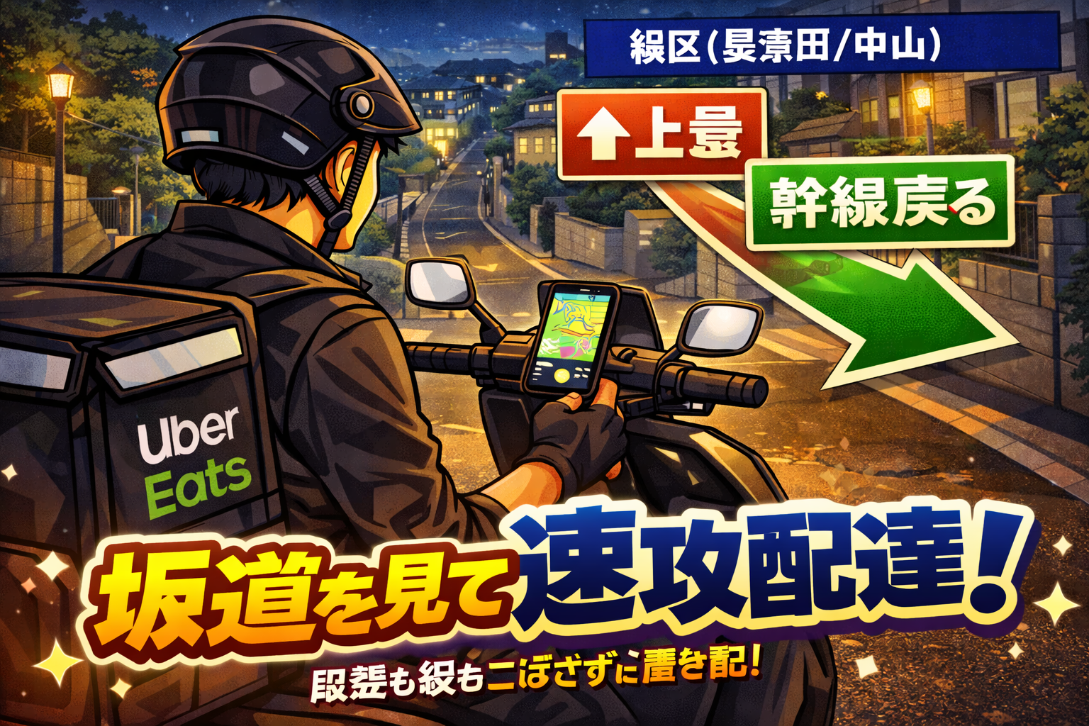 緑区（長津田/中山）の坂道と住宅街の夜、原付配達員がスマホ地図で「上り量」と「幹線へ戻る導線」を瞬時に判断し、TPHを守るイメージ