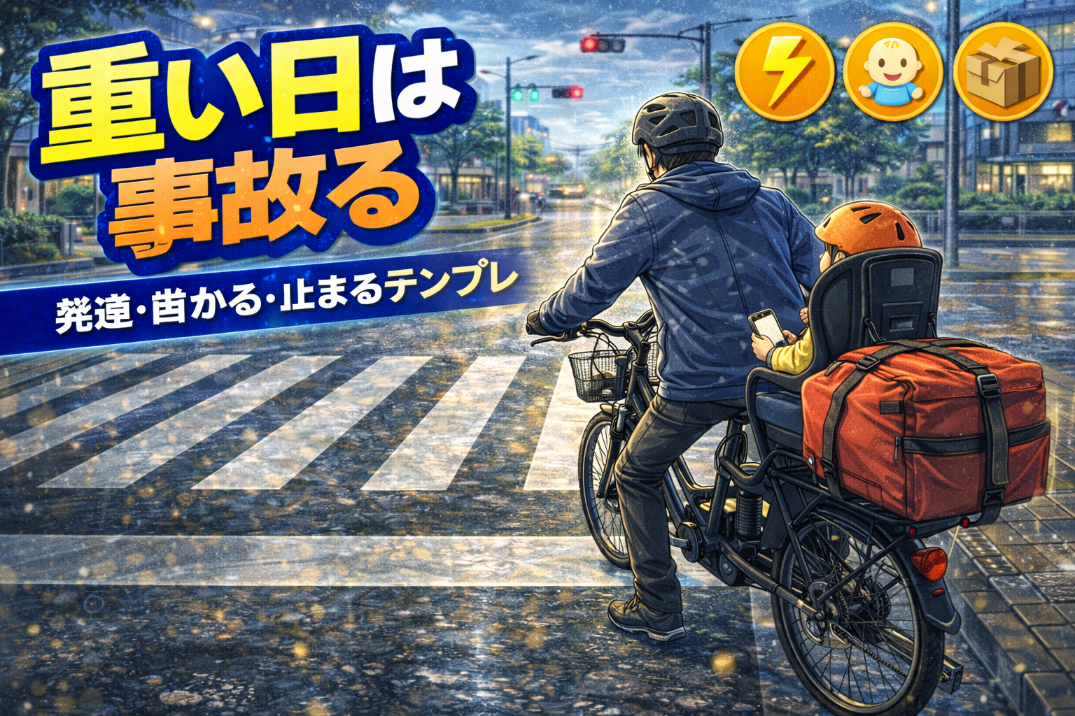 電動アシスト・子ども同乗・荷物の重さで起きやすい自転車事故を回避するテンプレのイメージ