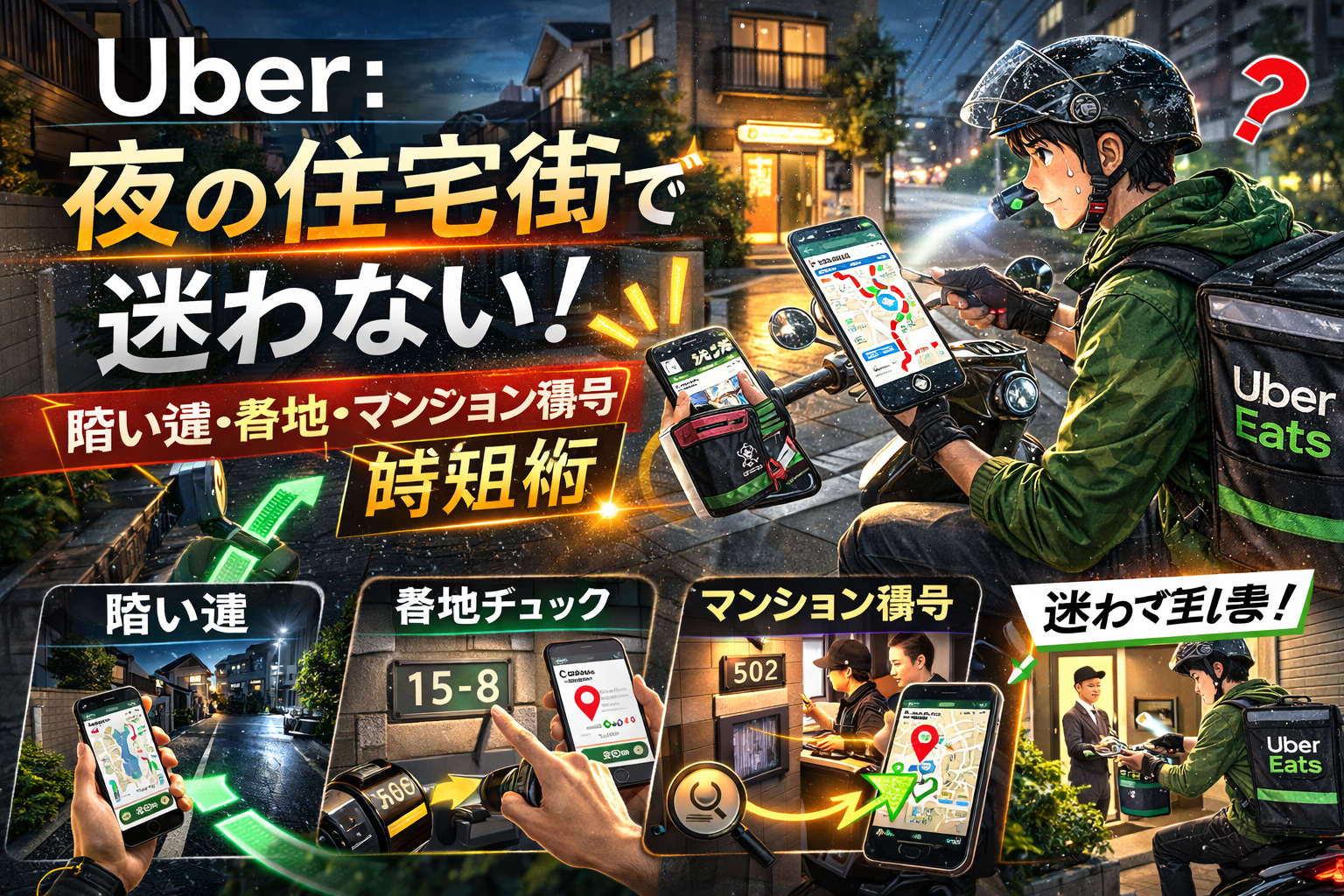 夜の住宅街で地図と建物表示を照合し、番地と入口を素早く特定して迷わず配達しているイメージ