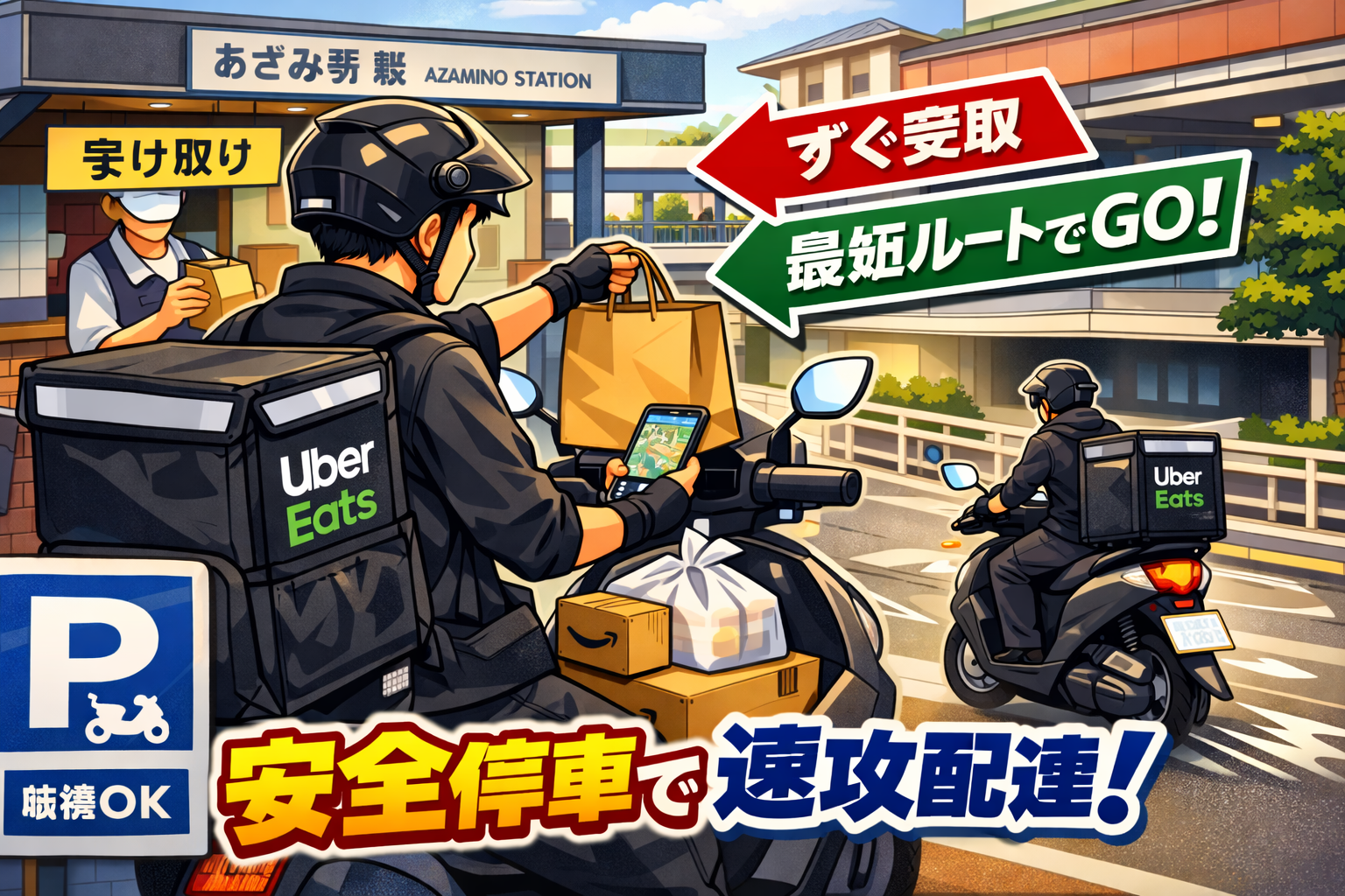 あざみ野駅周辺で、原付が安全に停車できる場所を選び、受け取り→出発までを最短導線で回して昼ピークのTPHを守る配達員のイメージ