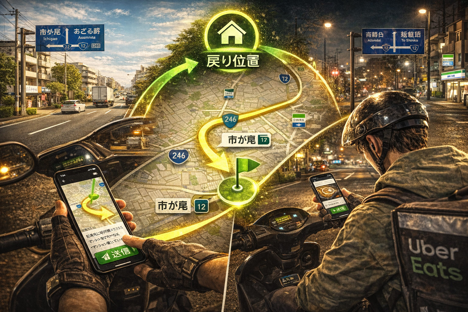 横浜市青葉区（市が尾・あざみ野）を起点に、配達後は幹線沿いの“戻り位置”へ戻して迷子と店待ちを避け、昼夜どちらも安定して回す50cc配達員のイメージ