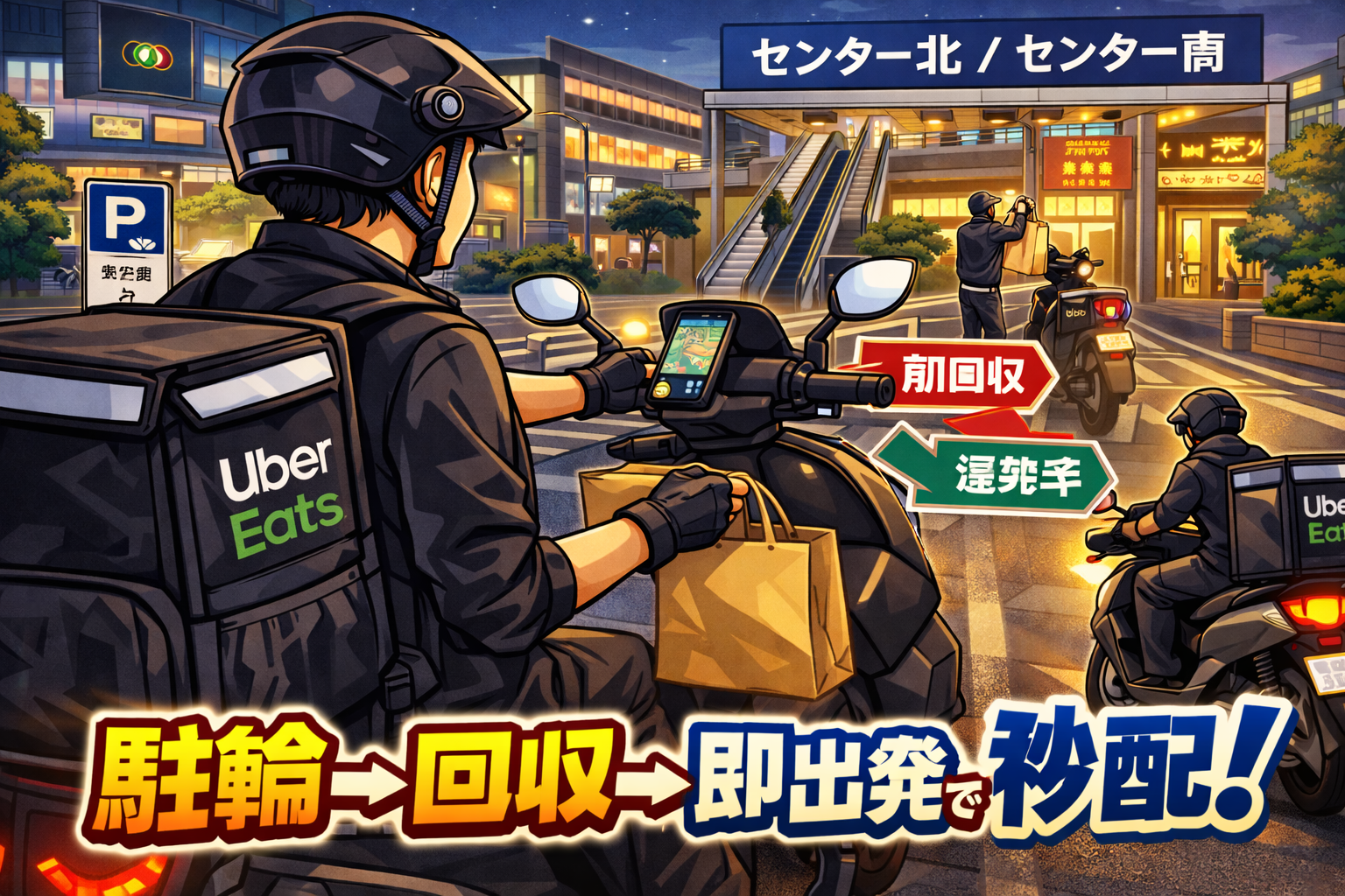 センター北/センター南の商業施設エリアで、原付を安全に停車できる位置に固定し、館内導線を最短で回して“駐輪→回収→即出発”を秒で回す配達員のイメージ