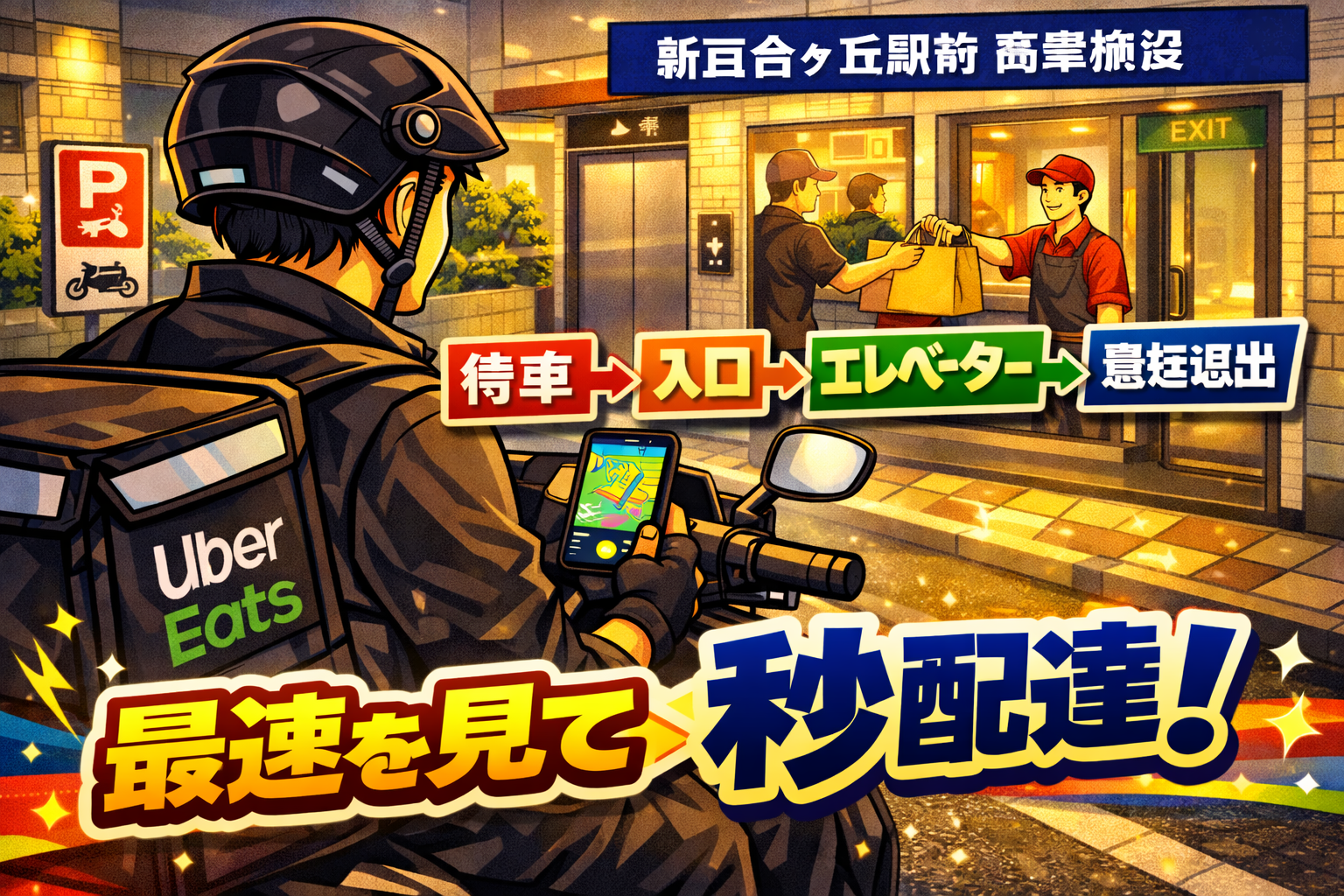 新百合ヶ丘駅前の商業施設エリアで、原付配達員が「停車→入口→エレベーター→受け取り→最短退出」を地図で先に決め、詰まりを回避してTPHを守るイメージ