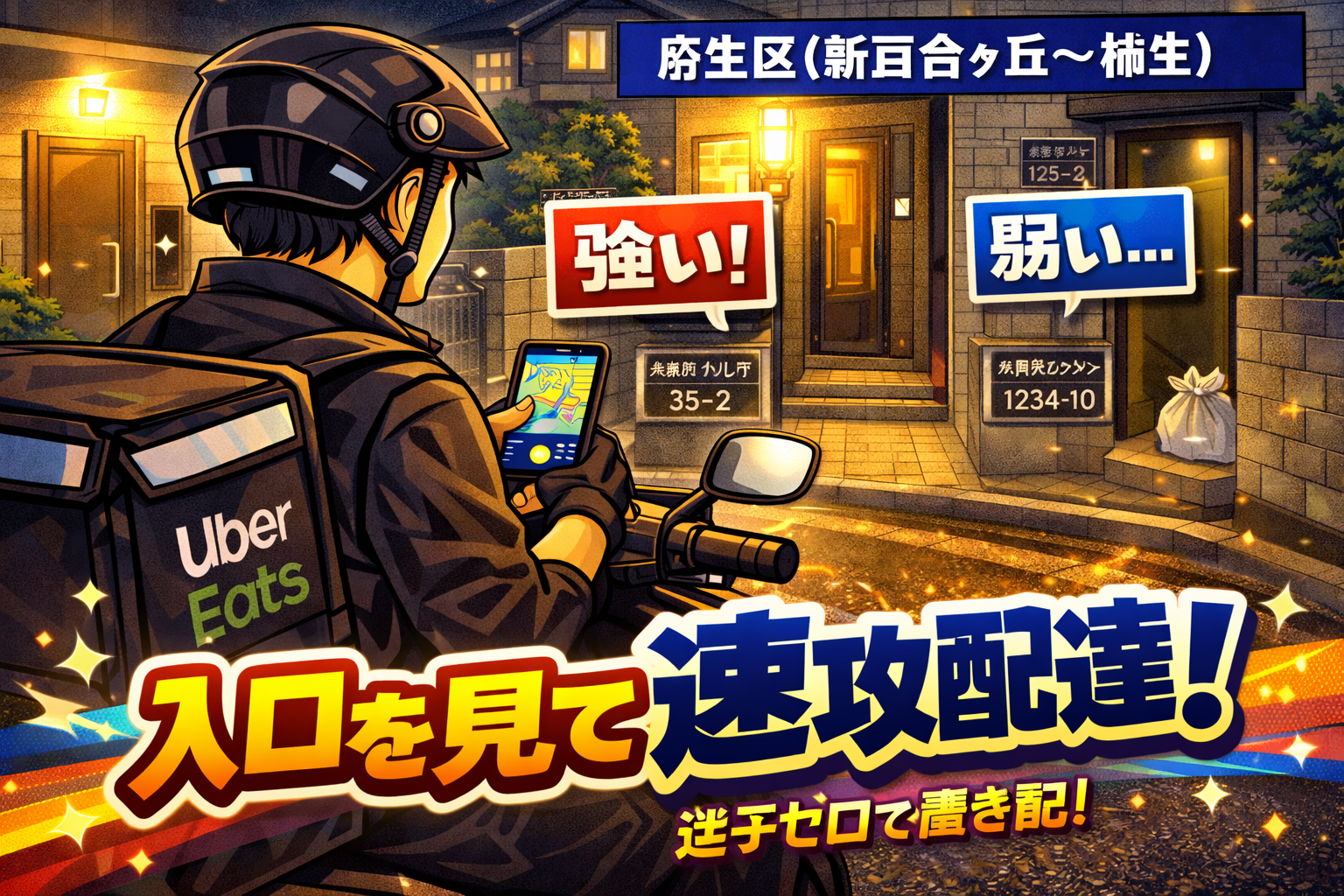 麻生区（新百合ヶ丘〜柿生）の夜の住宅街で、原付配達員がスマホ地図と住所表記を見比べ「入口が強い/弱い」を即決し、迷子ゼロで置き配を成立させるイメージ