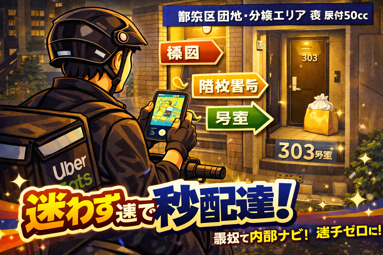 都筑区の団地・分棟エリアの夜、原付50ccの配達員が「棟図→階段番号→号室」の順で内部ナビを決め打ちし、入口に入ってから迷わず最短で置き配を成立させるイメージ