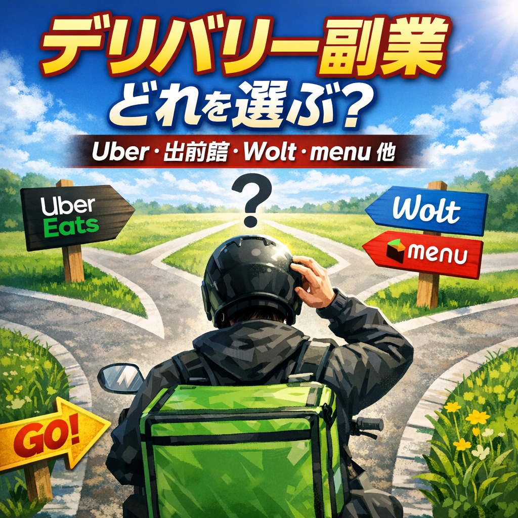 デリバリー副業の配達員が分岐路で迷い、Uber Eats・出前館・Wolt・menuの看板を前に「どれを選ぶ？」と悩むサムネイル画像