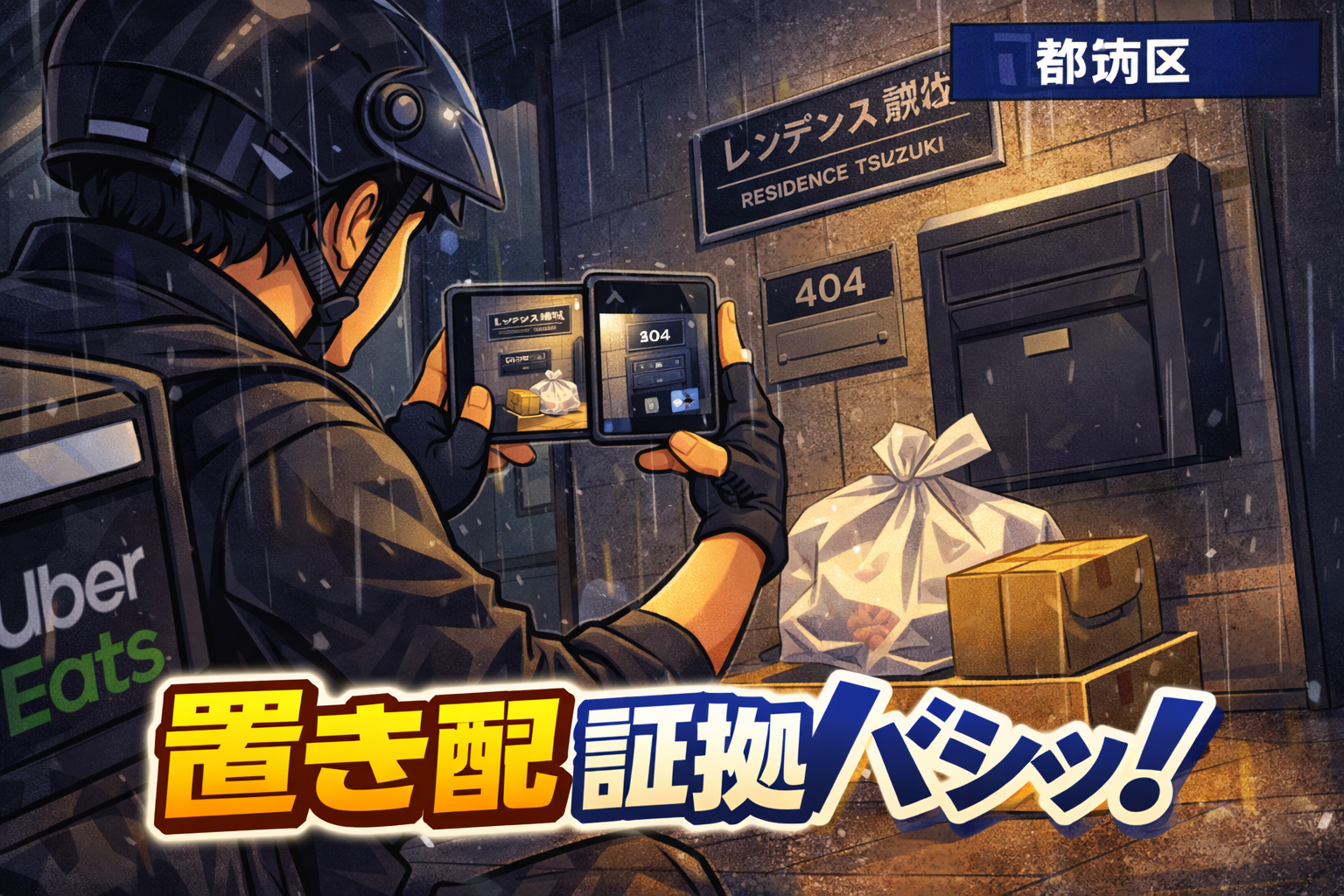 都筑区の夜、雨の中で原付配達員が屋根下に置き配し、「建物名プレート・部屋番号・ポスト」を一緒に写して証拠を残すイメージ
