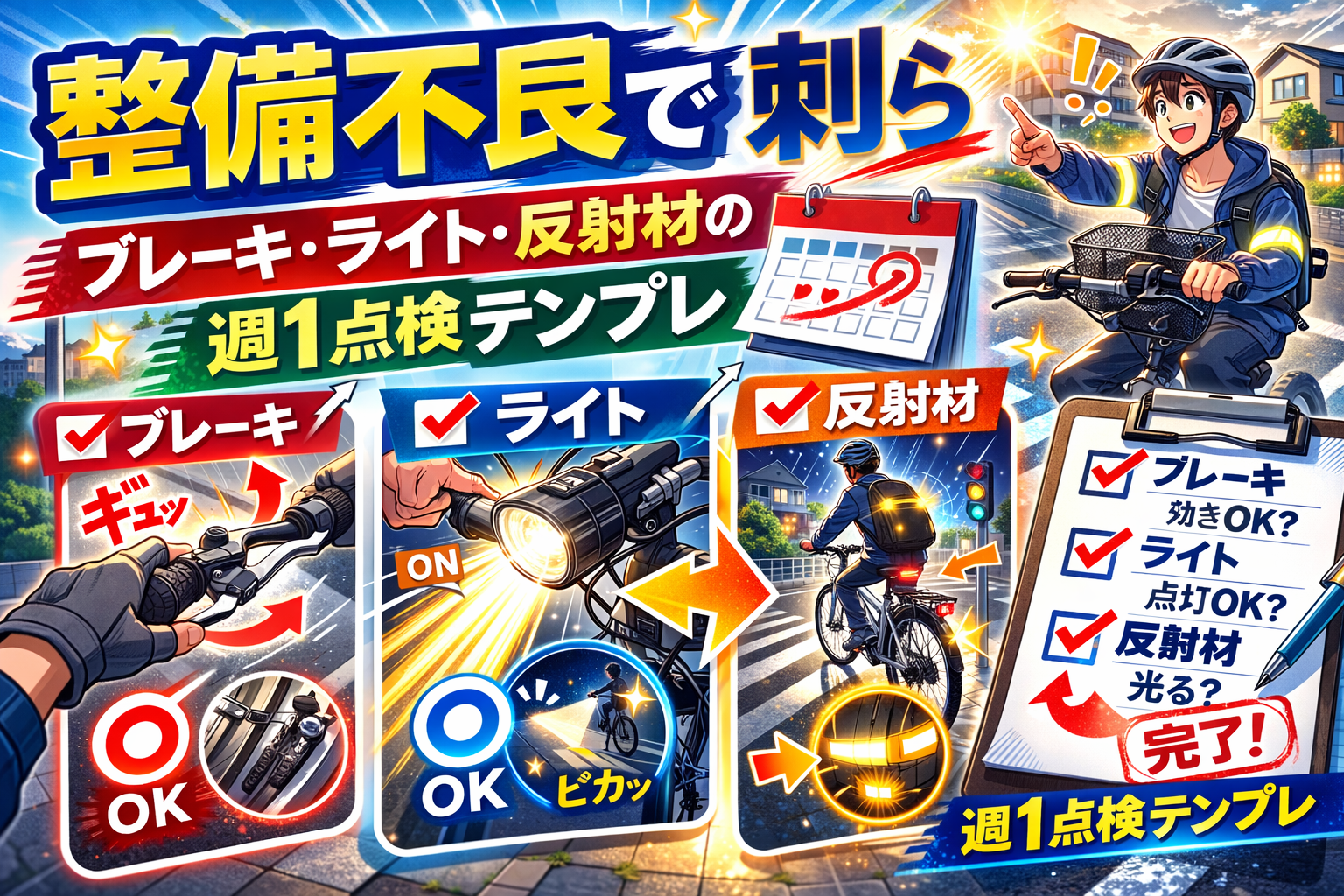 自転車のブレーキ・ライト・反射材を週1で点検して整備不良を防ぐイメージ