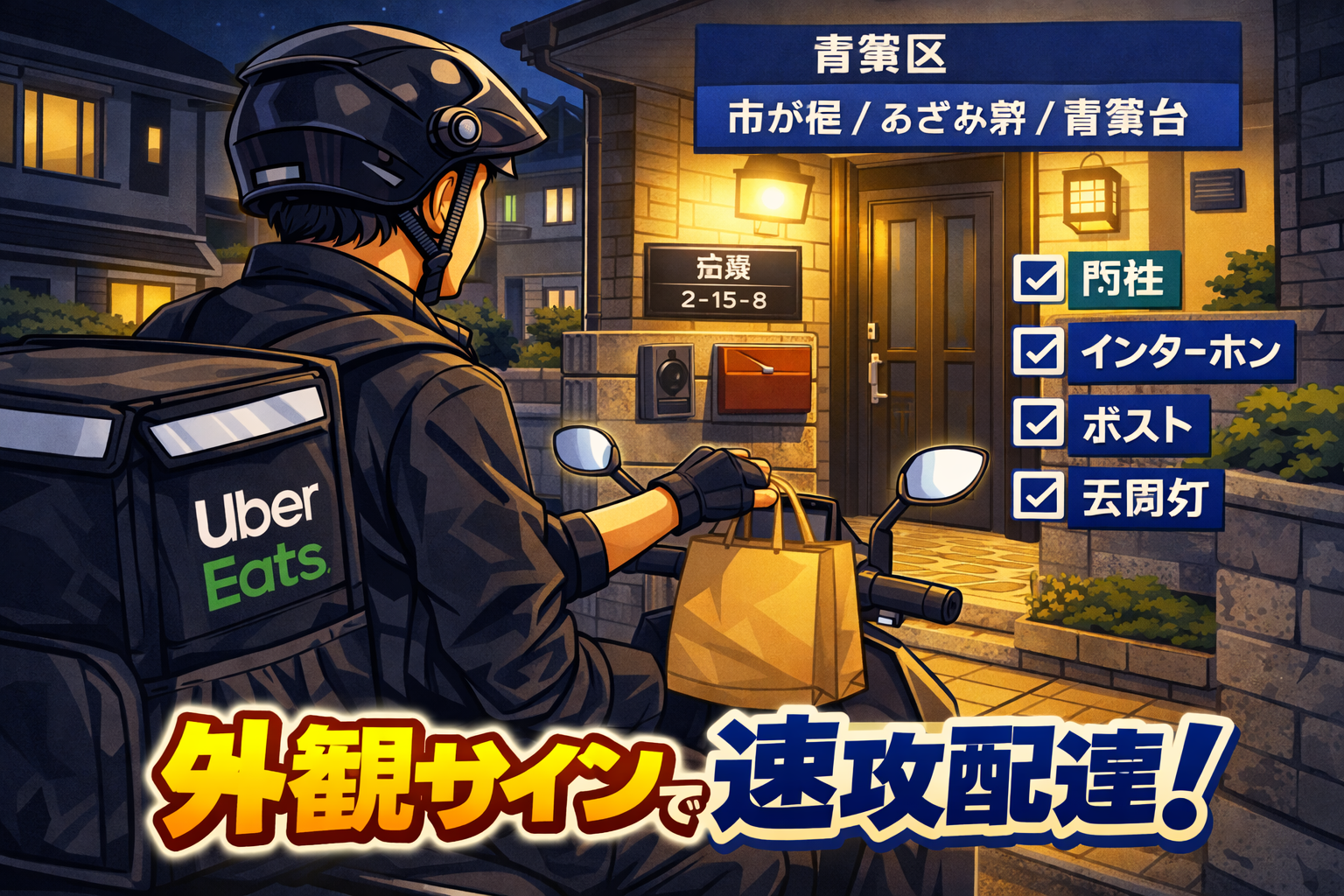 青葉区（市が尾/あざみ野/青葉台）の戸建て密集エリアの夜、原付を安全に停めて徒歩で入口を当て、「門柱・インターホン・ポスト・玄関灯」など外観サインで迷子をゼロにする配達員のイメージ