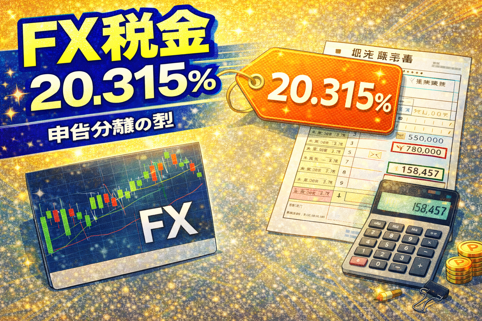 FXの税率20.315%（申告分離課税）と年間損益の集計を電卓と書類で整理しているイメージ（2026）