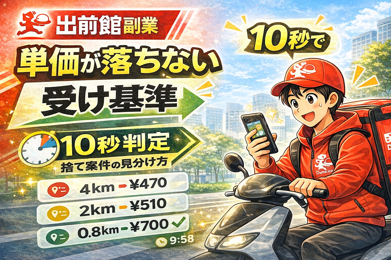 出前館副業の受け基準サムネ（10秒で判定して単価を落とさないコツを解説、赤い配達員がスマホでオーダーを確認し、距離と報酬の例から捨て案件を見分けるイメージ／街並み背景）