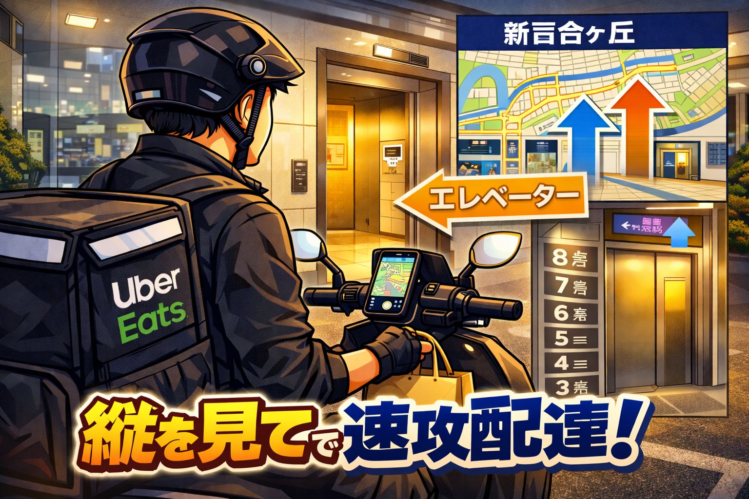 新百合ヶ丘の駅前ビルで、配達員が入口の案内板とエレベーター位置を先に確認し、「縦移動（上り下り）」を最小化して置き配を成立させるイメージ