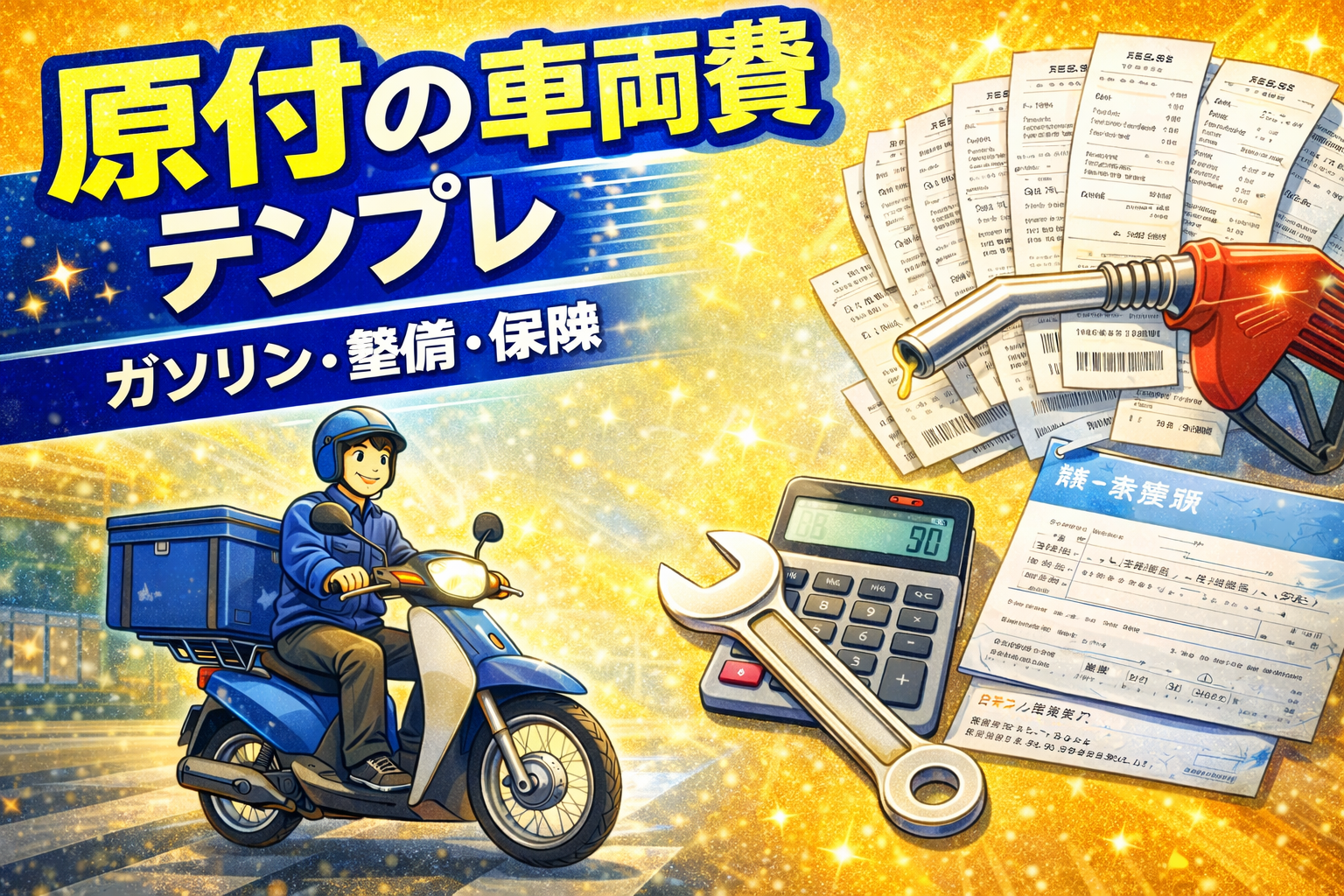 配達員が原付のガソリン・整備・保険など車両費の証拠をまとめて確定申告の準備をしているイメージ（2026）
