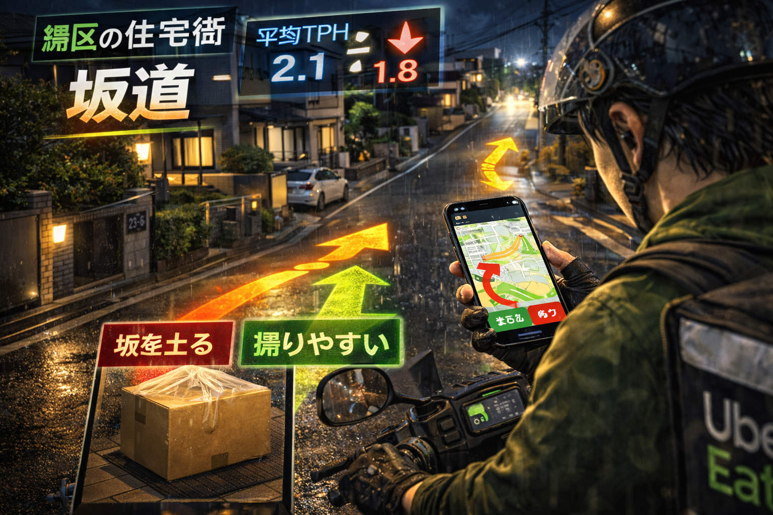 緑区の坂道と住宅街の夜道で、原付配達員が「坂の向き」と「戻りやすさ」を地図で瞬時に判断し、受ける/切るを決めて平均TPHを守るイメージ