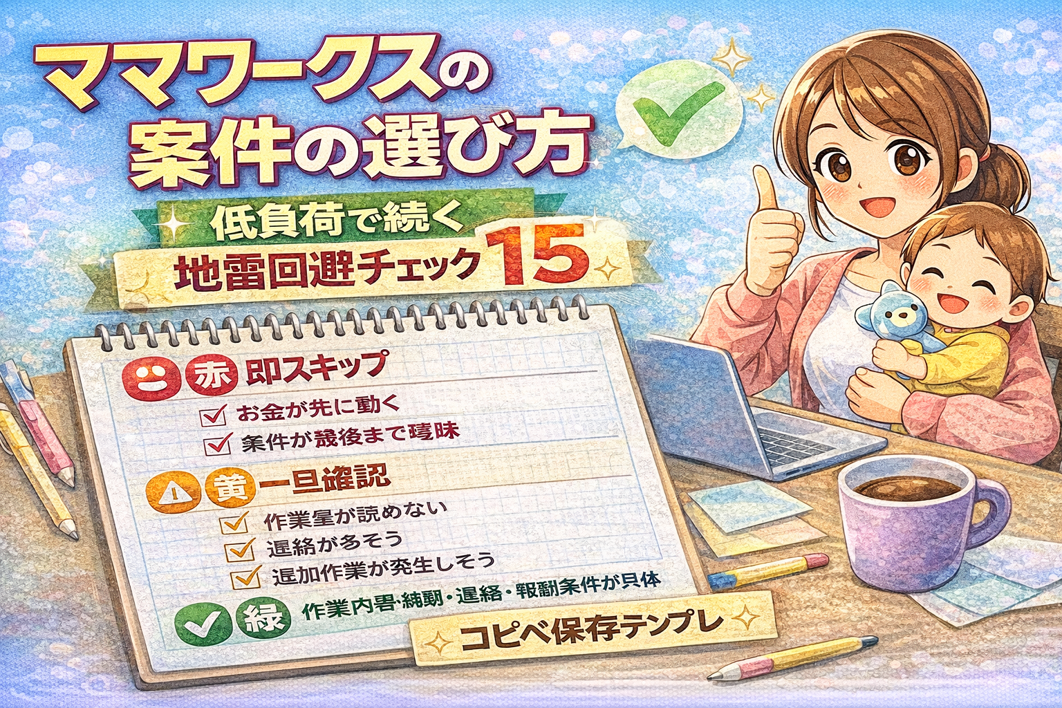 ママワークスの案件選びを解説するサムネイル。低負荷で続けるための地雷回避チェックリストを表示した画像。