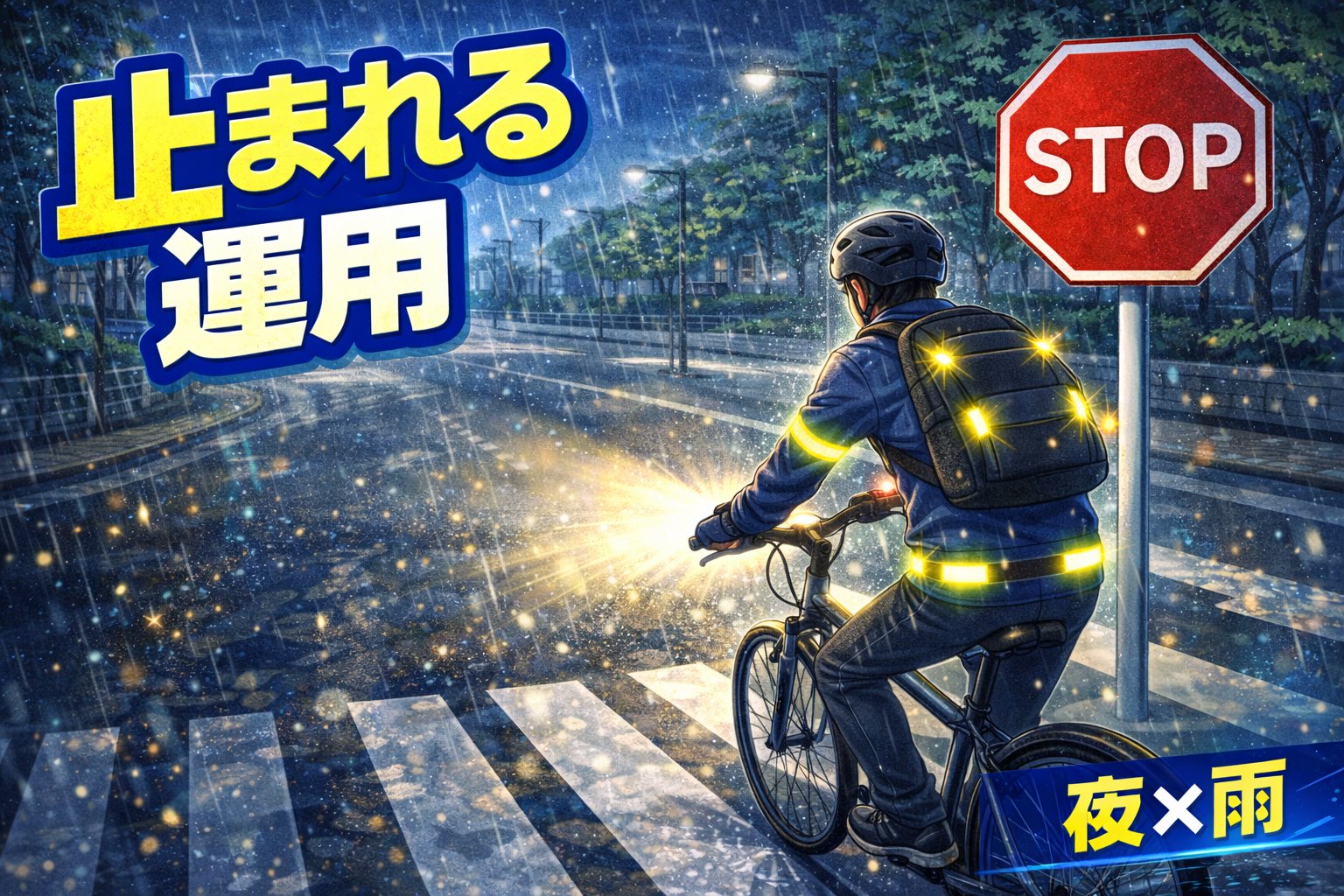 雨の夜道で自転車が安全に減速して止まれる運用を実践するイメージ