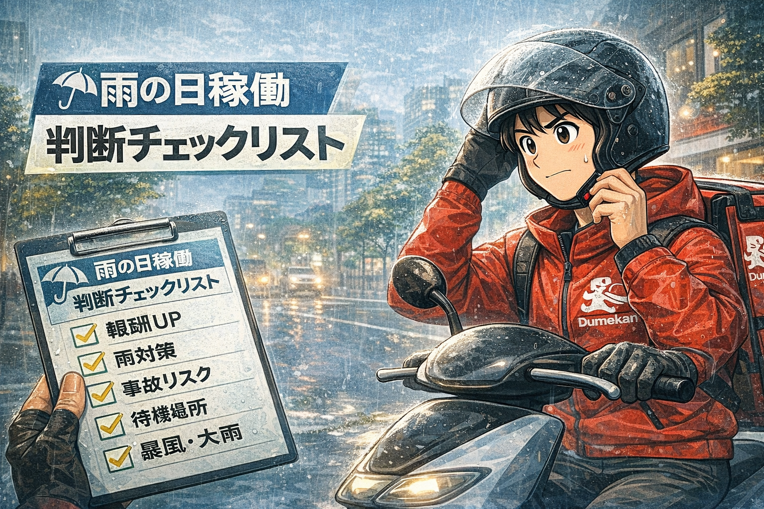 雨の日に稼働するか判断するチェックリストを見ながら、雨の街でヘルメットを被る配達員のイメージ