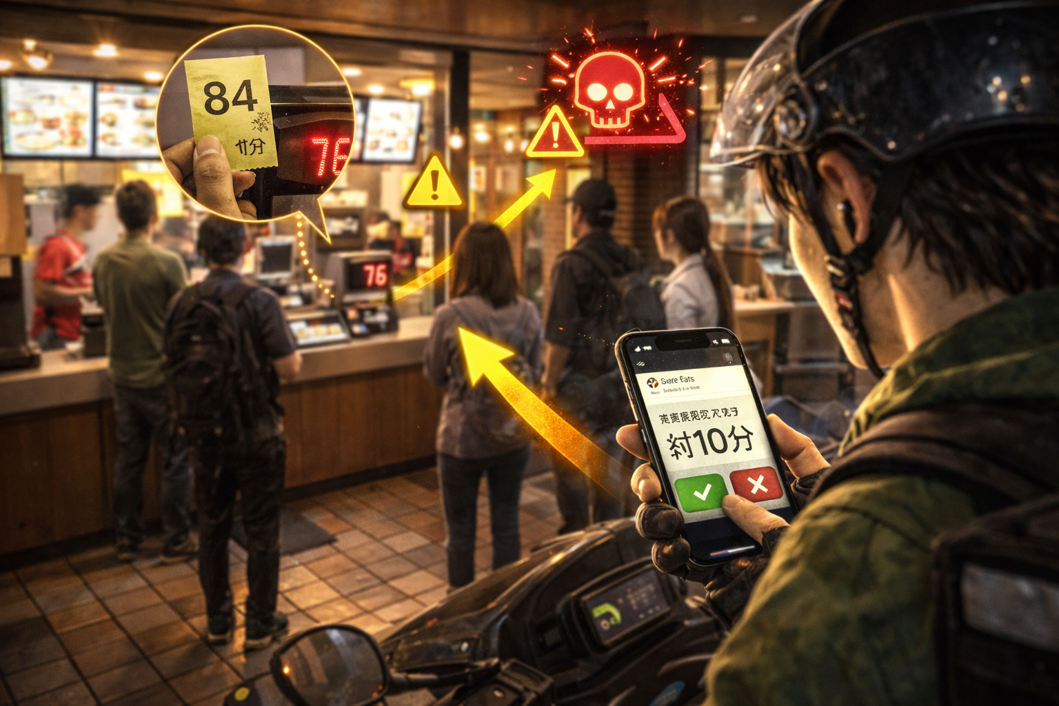 店頭で受け取り待ちの状況を観察し、待つか切るかを即決しているイメージ