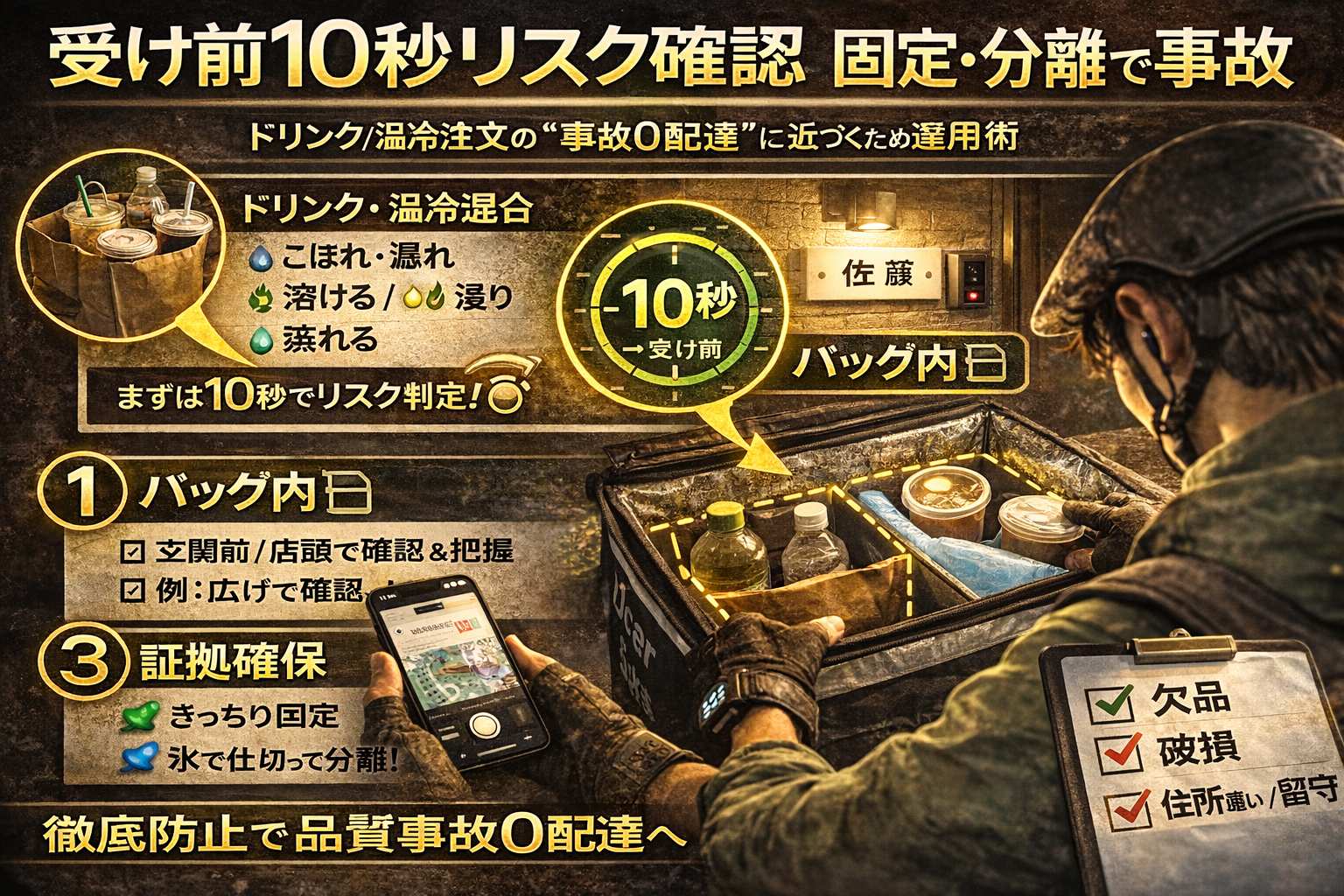 ドリンクや汁物、温冷ミックスの注文を受ける前にリスクを10秒判定し、バッグ内の固定と分離で品質事故（こぼれ・漏れ・溶け・蒸れ）を0に近づける配達員のイメージ