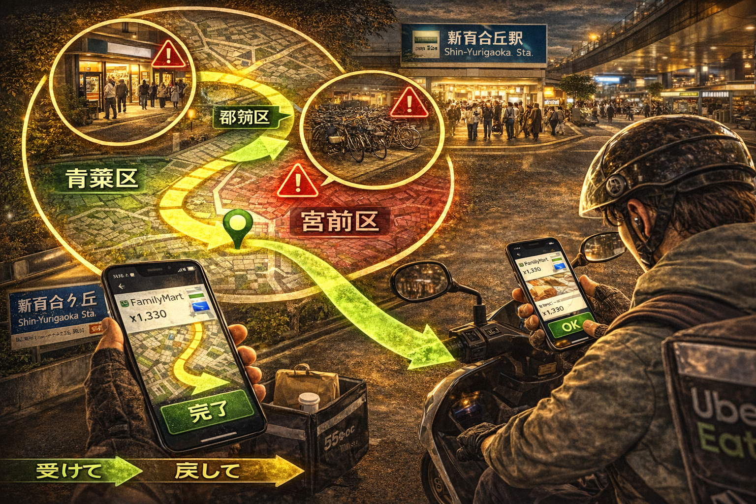 新百合ヶ丘の駅前・商業施設まわりで、導線の詰まりポイント（入口・駐輪・オートロック）を事前に見抜き、待ちと迷子を回避して回転を落とさない50cc配達員のイメージ