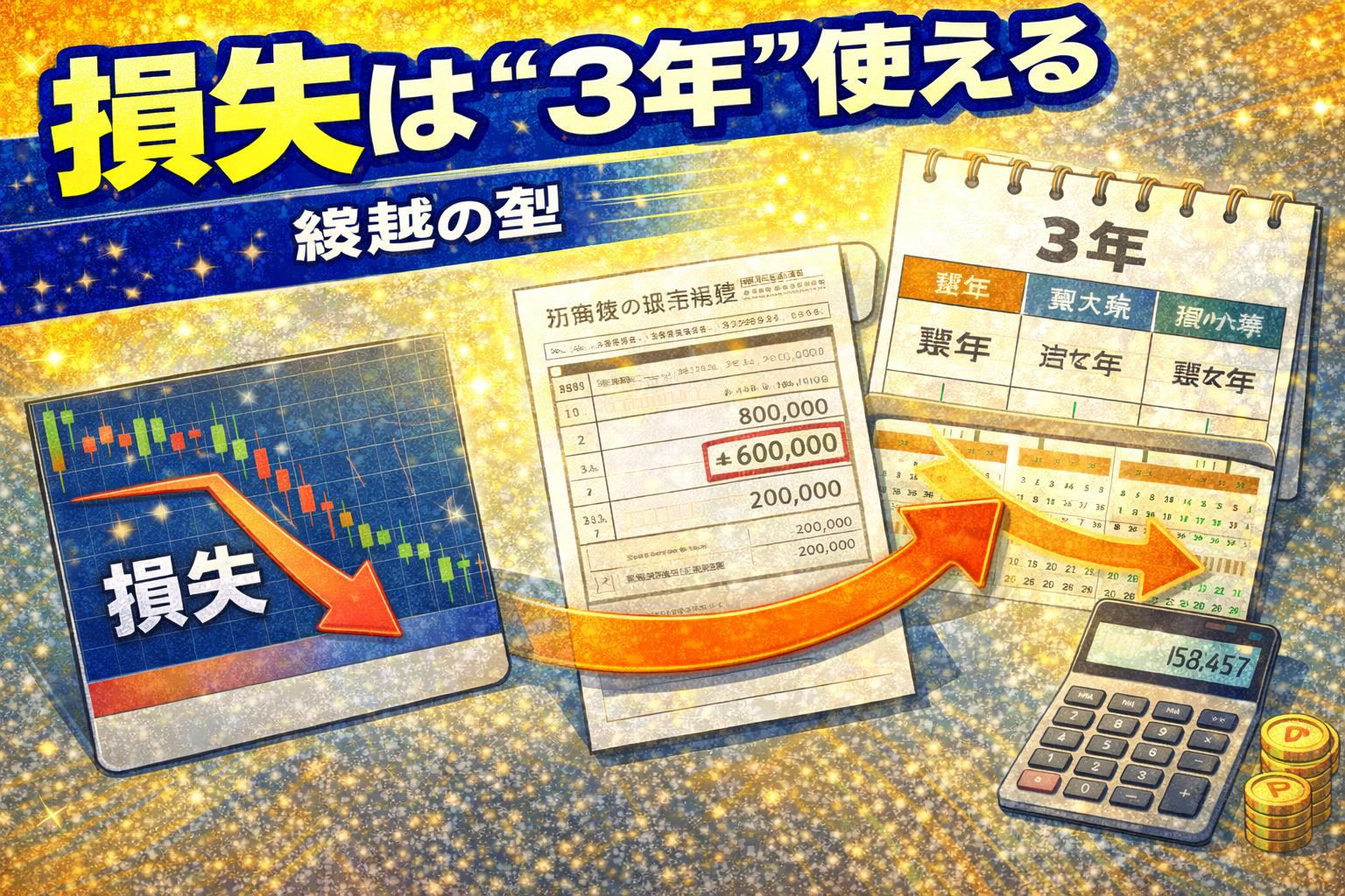 FXの損失を翌年以後3年間に繰り越して控除する流れを、書類とカレンダーで整理しているイメージ（2026）
