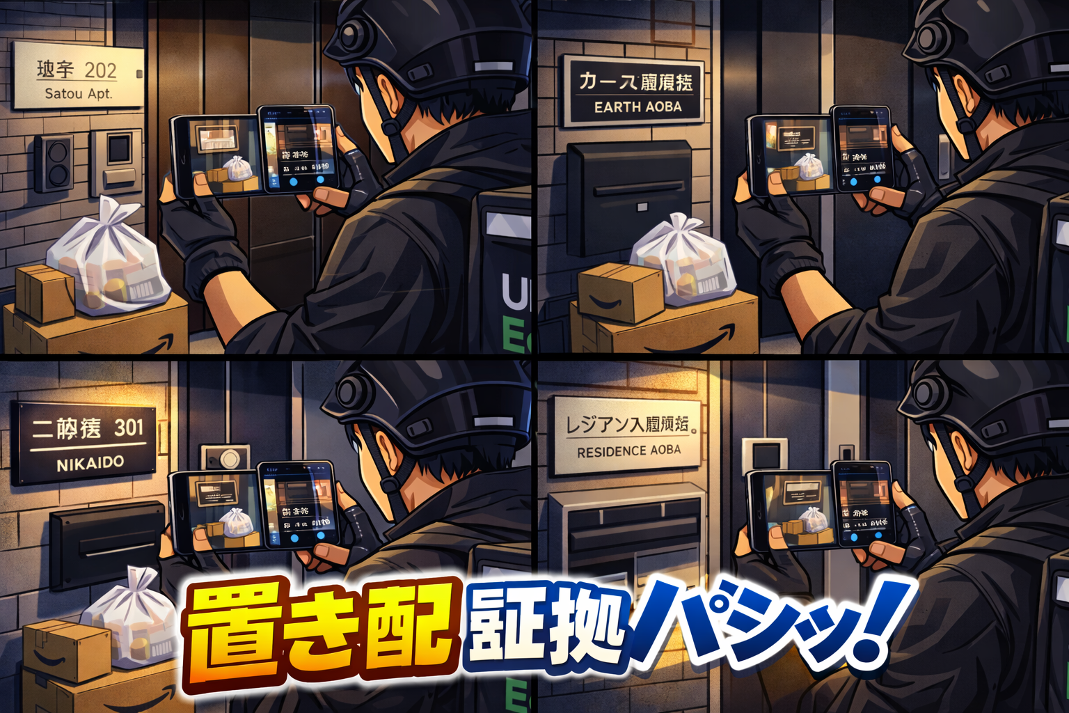 青葉台の夜、玄関前の屋根下に置いた荷物と「表札・ポスト・建物名プレート」などの目印が一緒に写るようにスマホで4枚テンプレ撮影し、置き配の証拠を残して評価を守る配達員のイメージ