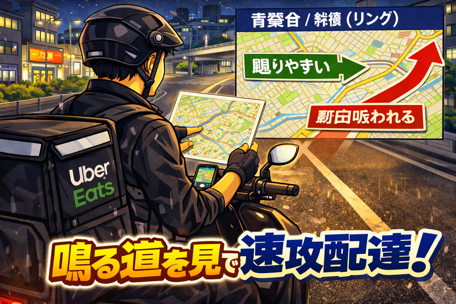 青葉台の幹線道路沿い（リング）で、原付配達員が地図を見ながら「鳴りやすい幹線」と「町田に吸われる方向」を瞬時に判定し、TPHを守るイメージ