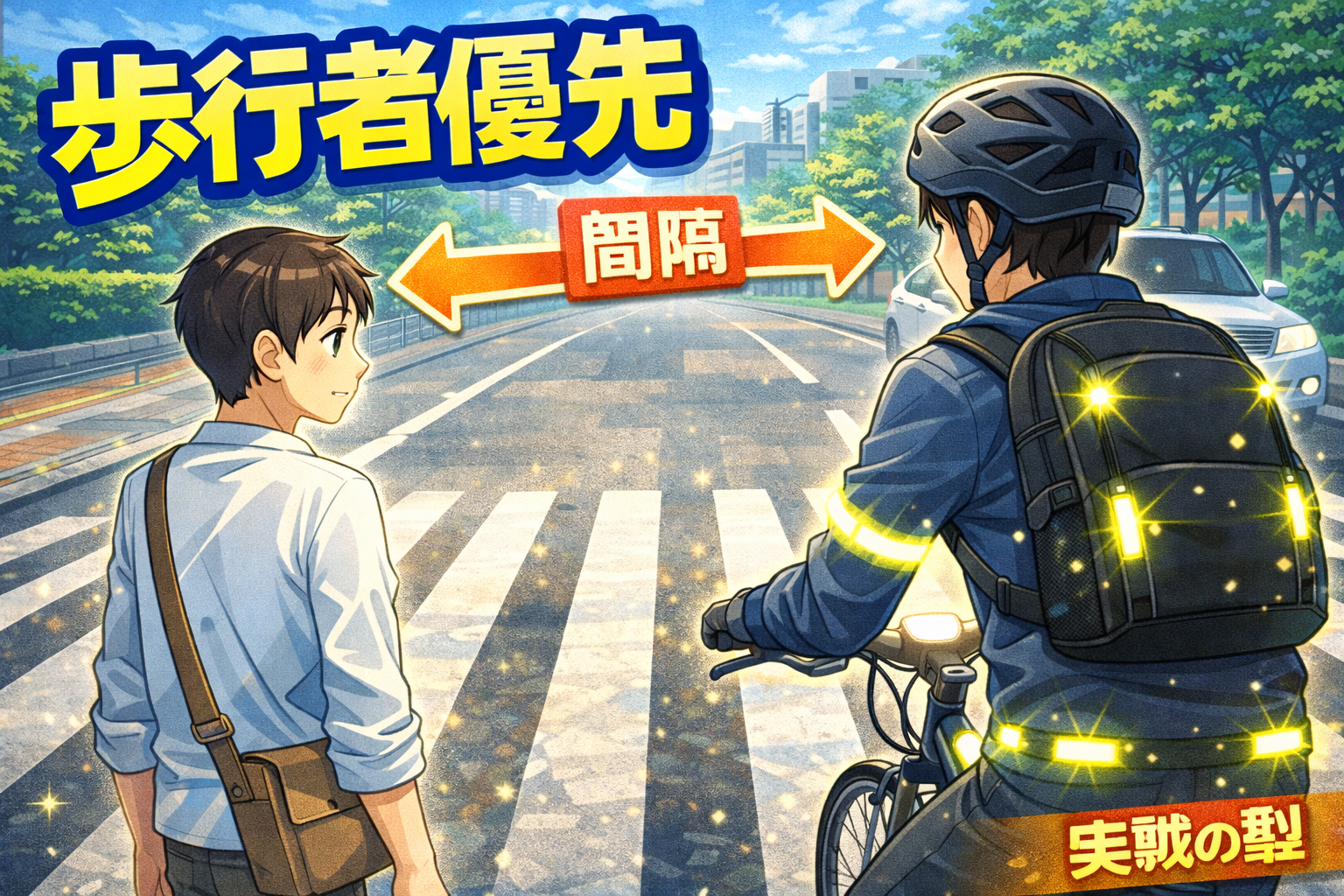 自転車が横断歩道で歩行者を優先し安全に停止・すれ違いするイメージ