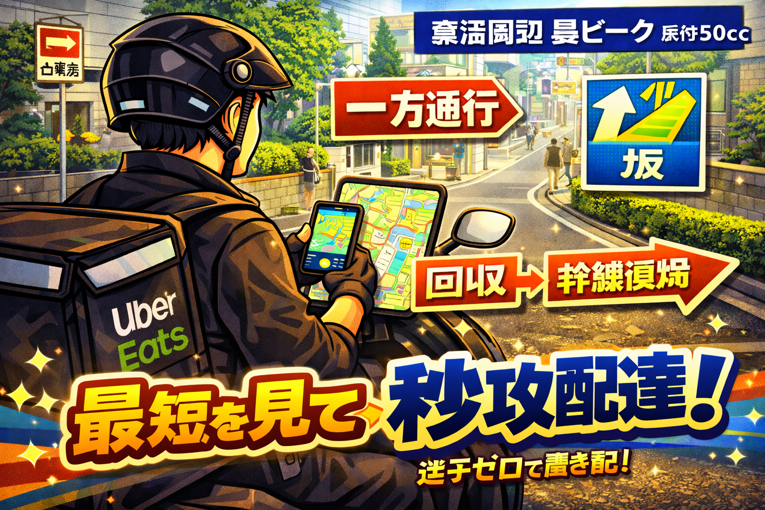 鷺沼駅周辺の昼ピークで、原付50ccの配達員が一方通行と坂を地図で先読みし、安全な停車位置を固定して「回収→最短で幹線復帰」までを一息で回すイメージ