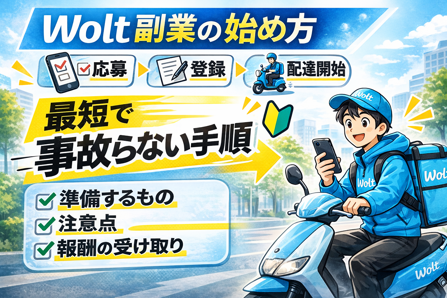 Wolt副業の始め方サムネ（応募→登録→配達開始の流れをアイコンで図解、青いWoltウェアの配達員がスマホを見ながらスクーターで走る、街並み背景／最短で事故らない手順）