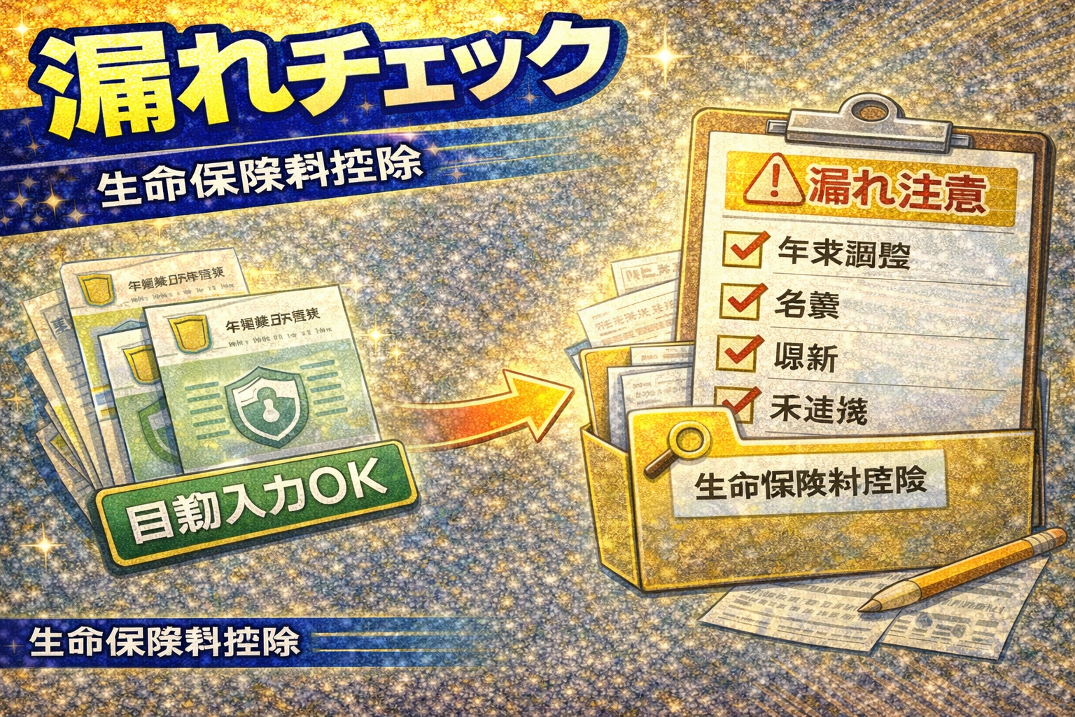 生命保険料控除の自動入力に漏れやすいパターン（年末調整や証明書未連携など）をチェックリストで確認しているイメージ（2026）