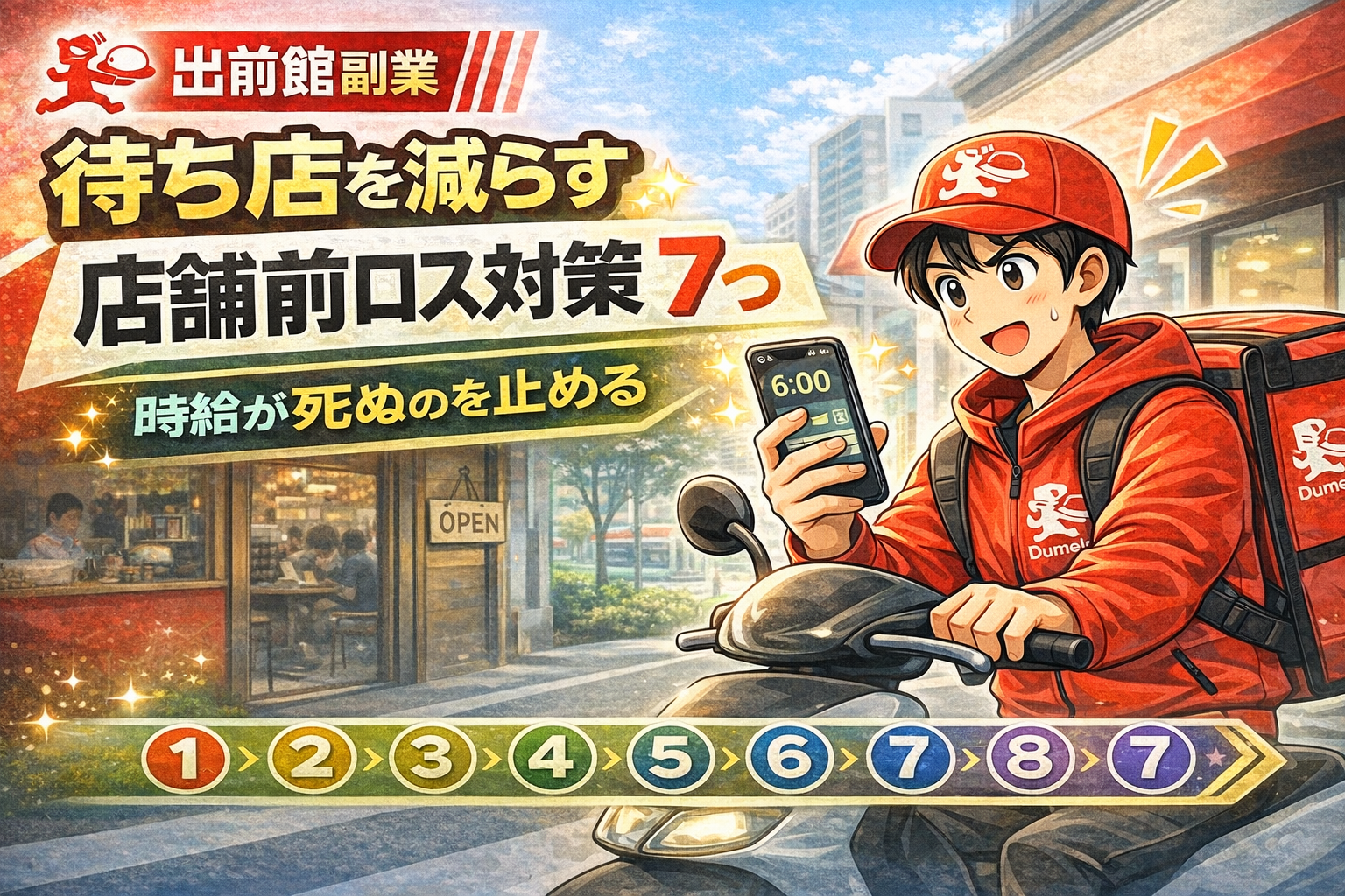 出前館の店舗前待ち時間を減らす方法を解説する、店前で時計を見ている配達員と受け取り導線のイメージ