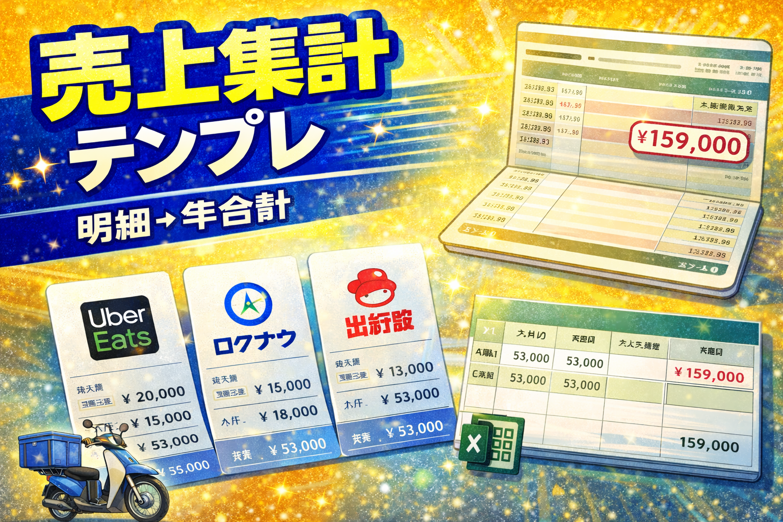配達員が複数アプリの報酬明細と銀行入金を照合して年間売上を集計しているイメージ（2026）