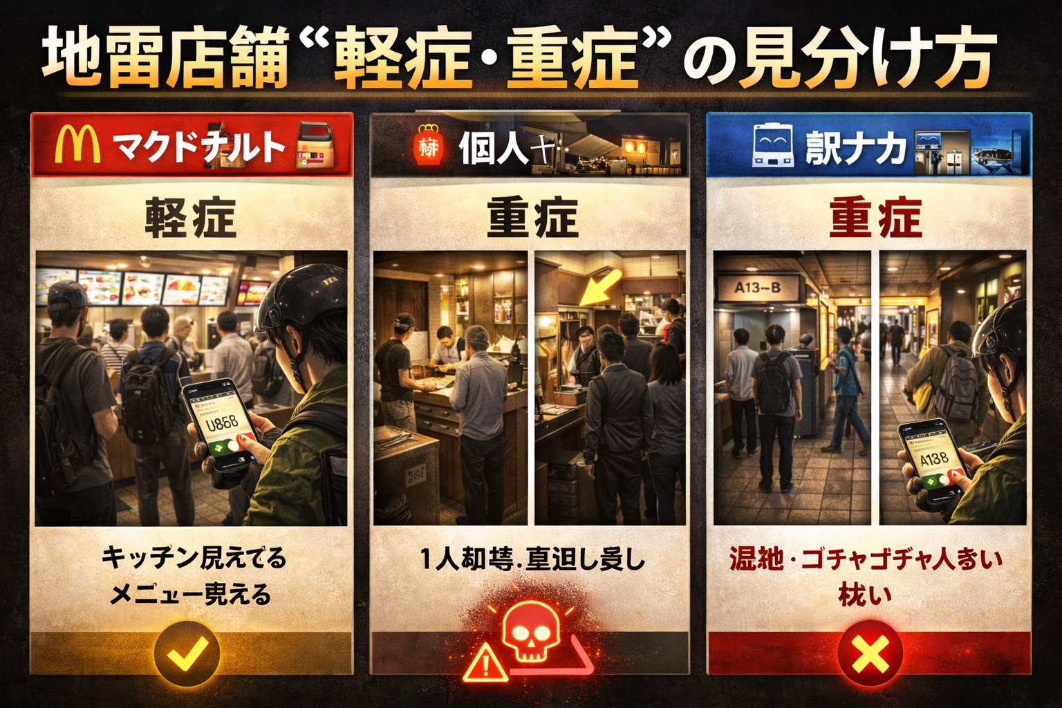 地雷店舗“軽症・重症”の見分け方（店タイプ別：マクド/個人/駅ナカ…）