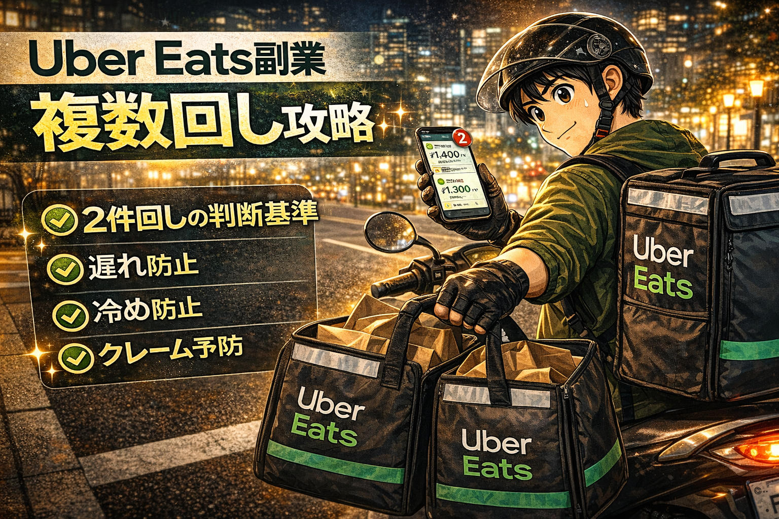 Uber Eatsの2件回しで順番と到着時間を管理し、遅れやクレームを防ぎながら配達しているイメージ
