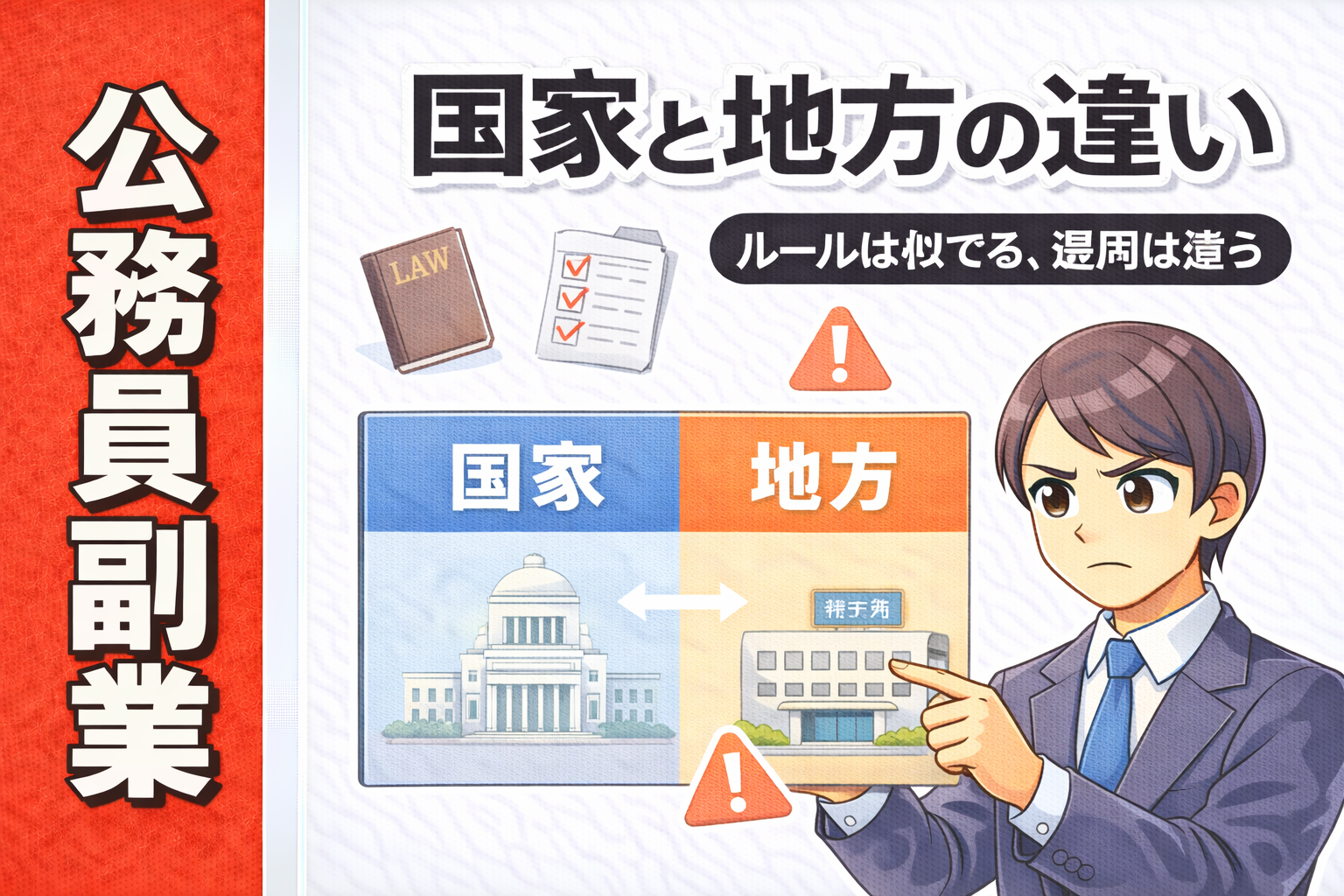 公務員副業における国家公務員と地方公務員の違いを整理する記事のサムネイル
