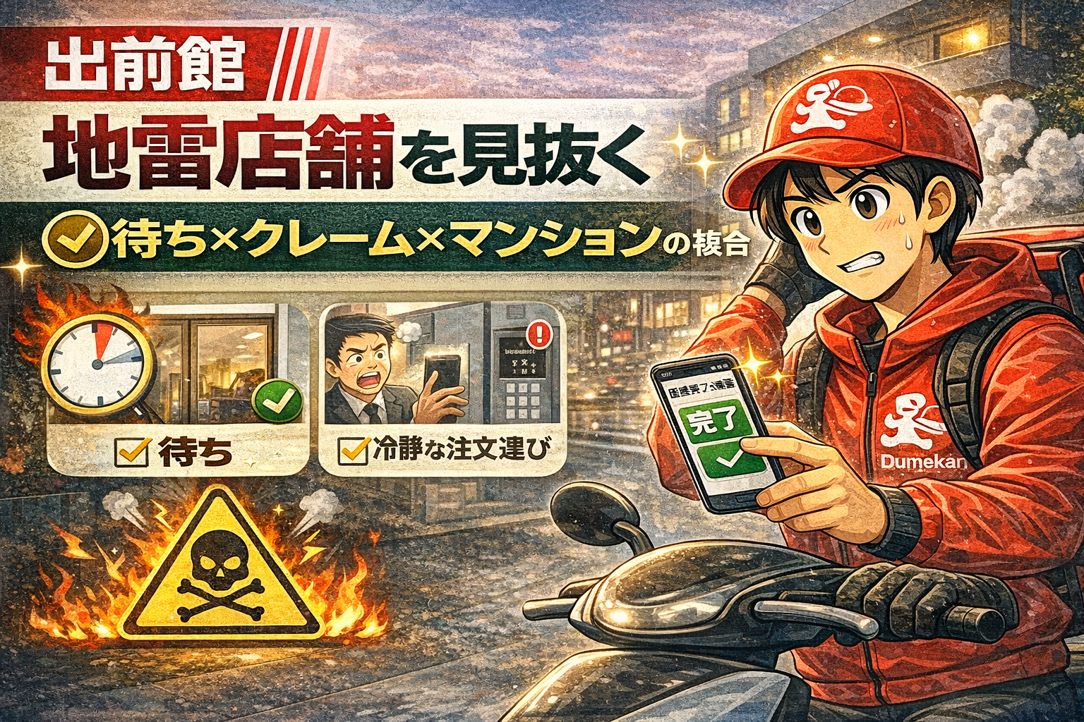 地雷店舗を見抜くチェックリストを見ながら、店舗前で受けるか判断している配達員のイメージ