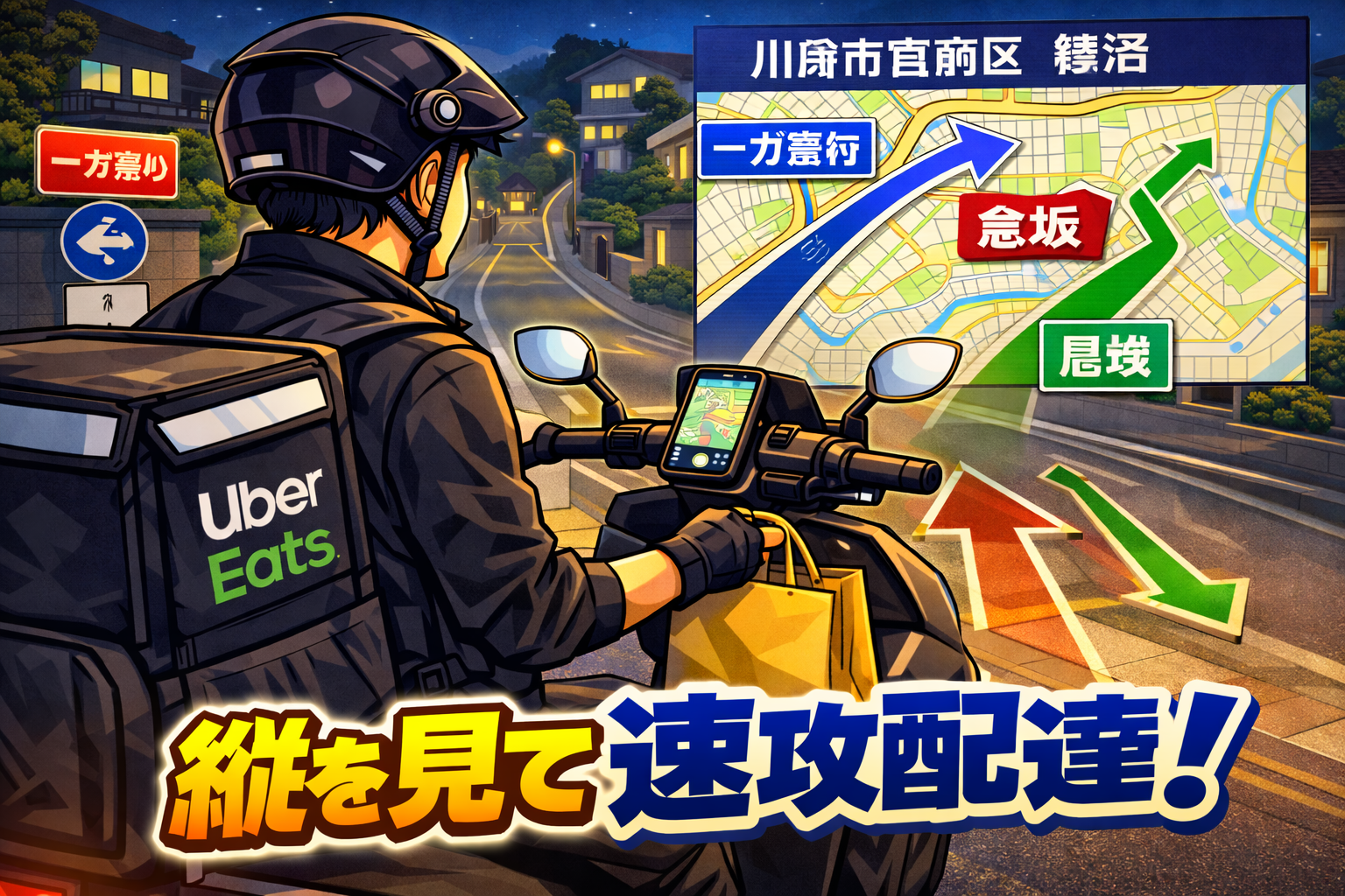 川崎市宮前区（鷺沼）の駅前〜坂の住宅街エリアで、原付を安全に停車できる位置に固定し、「一方通行・坂の向き・戻し導線」を瞬時に判断してTPHを守る配達員のイメージ