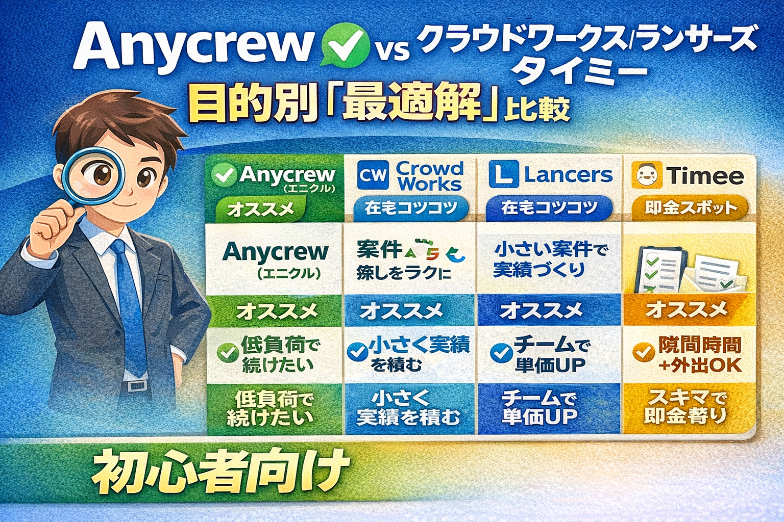Anycrew（エニクル）とクラウドワークス、ランサーズ、タイミーを比較するサムネイル。目的別の選び方を示した表とアイコンのイメージ。