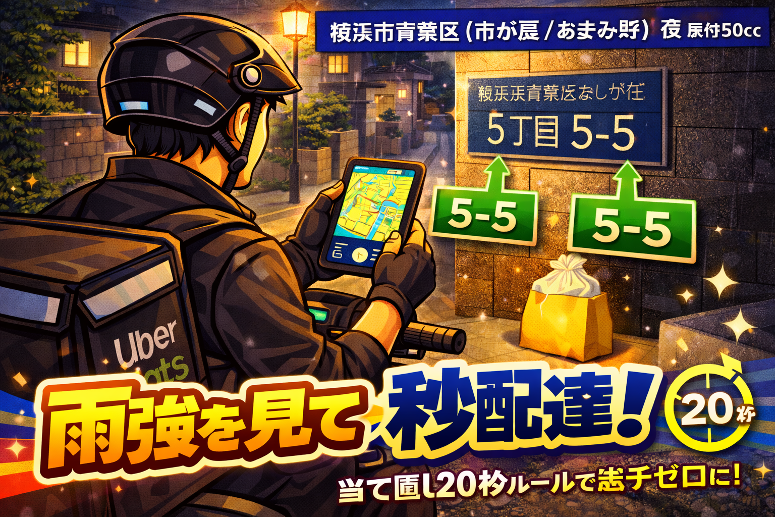 横浜市青葉区（市が尾/あざみ野）の夜の住宅街で、原付50ccの配達員が街灯の下でスマホ地図と住居表示（丁目・番・号）を照合し、当て直し20秒ルールで迷子ゼロにして置き配を成立させるイメージ