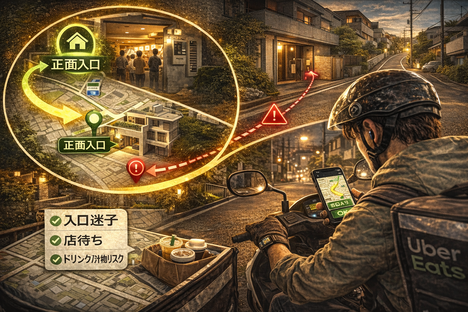 横浜市青葉区の住宅街で、オートロックや入口が複数ある建物を地図と導線で見抜き、置き配が難しい案件を回避して評価を守る50cc配達員のイメージ